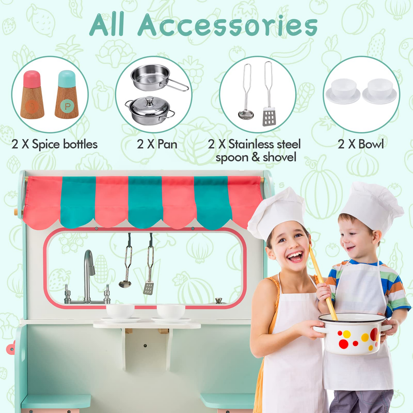 OLAKIDS 2 in 1 Kids Play Kitchen and Restaurant, Double Sided Toddler Wooden Pretend Cooking Set with Stove Sink Microwave Storage Cabinet OLAKIDS