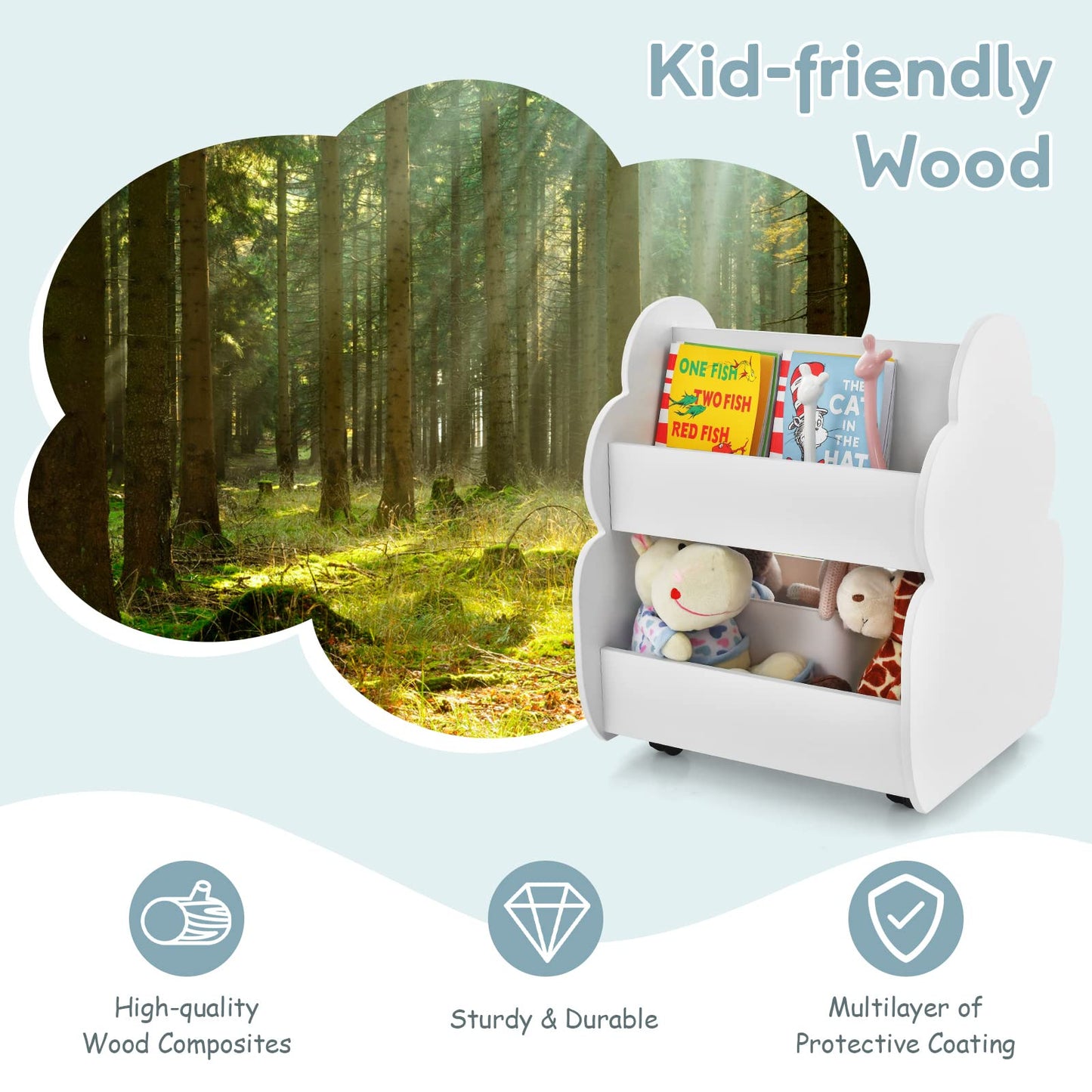 OLAKIDS Kids Bookshelf with Wheels, Wooden Bookcase Toy Storage Cabinet Organizer Holder