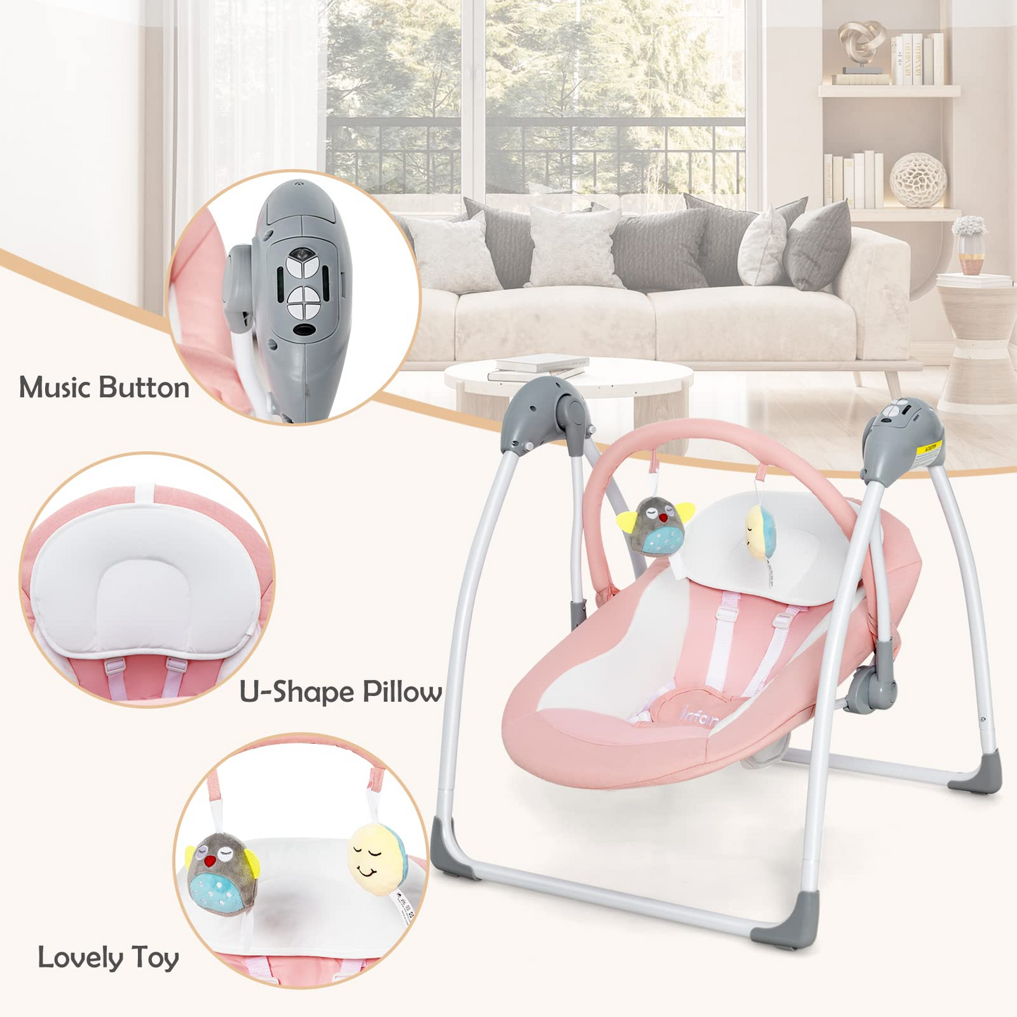 OLAKIDS Baby Swing for Infants, Compact Portable Baby Electric Rocker for Newborn with 5 Speed Natural Sway Music Timing 2 Toys Remote Control, Easy Fold, 0-6 Months Boy Girl (Grey) OLAKIDS