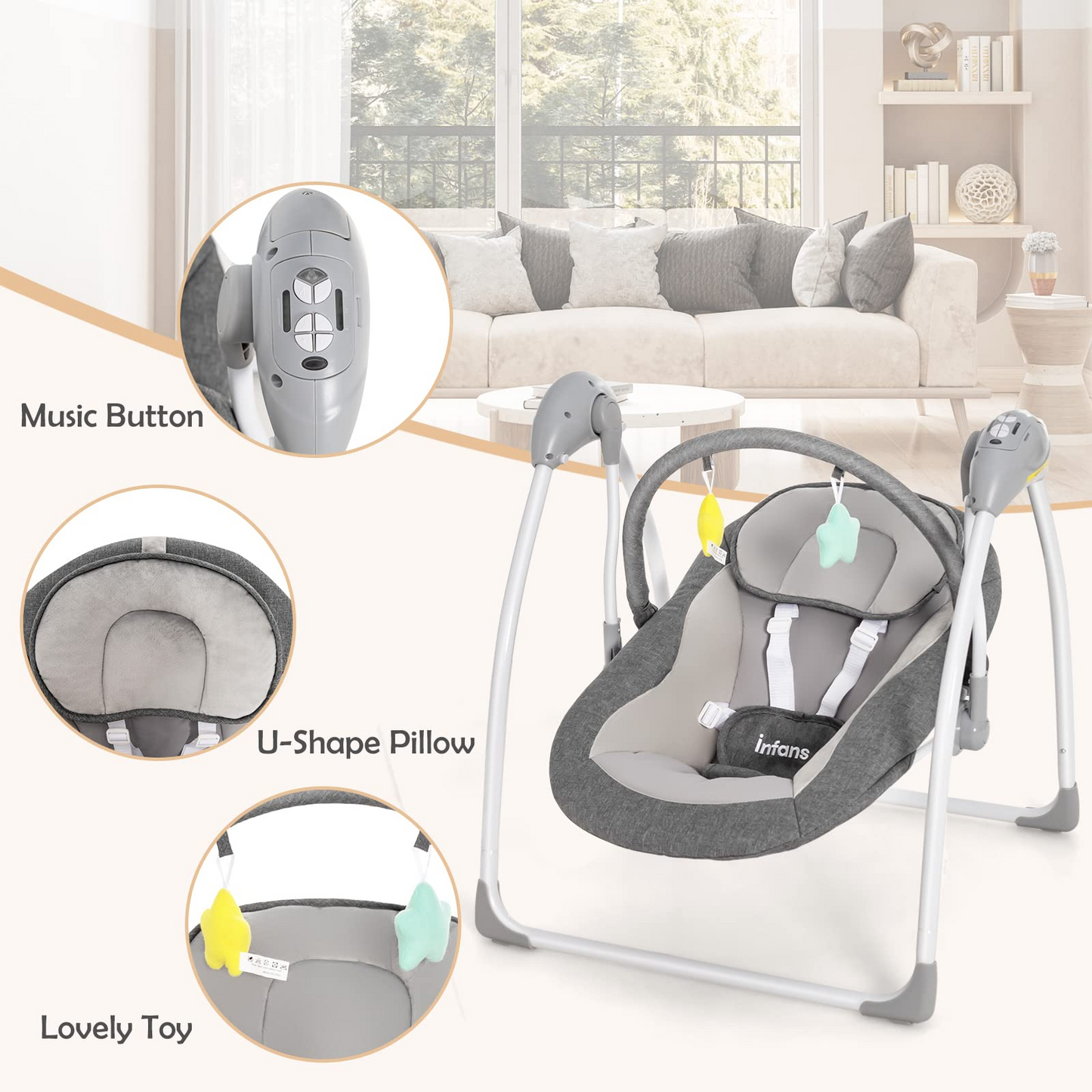 OLAKIDS Baby Swing for Infants, Compact Portable Baby Electric Rocker for Newborn with 5 Speed Natural Sway Music Timing 2 Toys Remote Control, Easy Fold, 0-6 Months Boy Girl (Grey) OLAKIDS