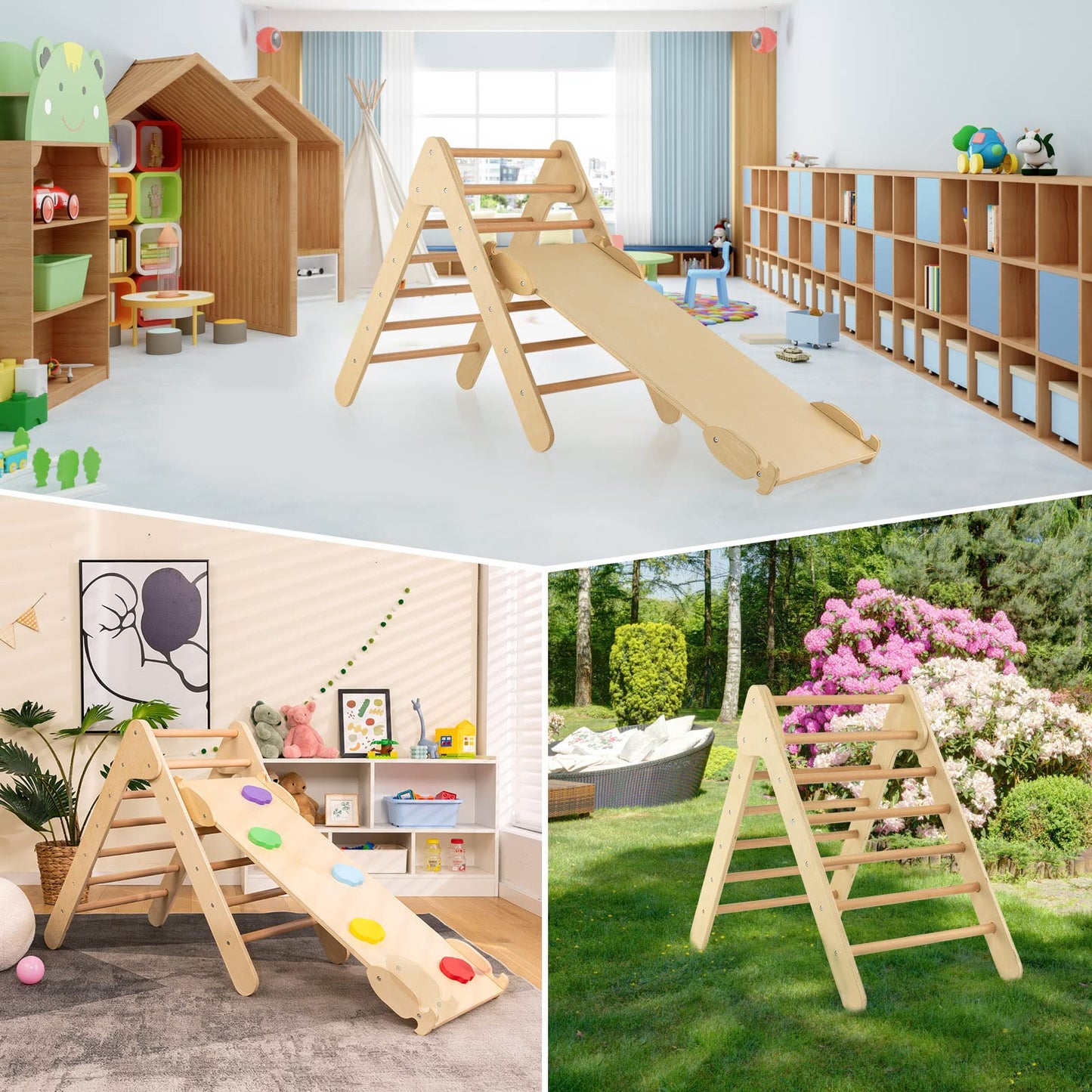 OLAKIDS Toddlers Triangle Climber, 3 in 1 Montessori Kids Wood Climbing Toy with Ramp, Ladder, Slide