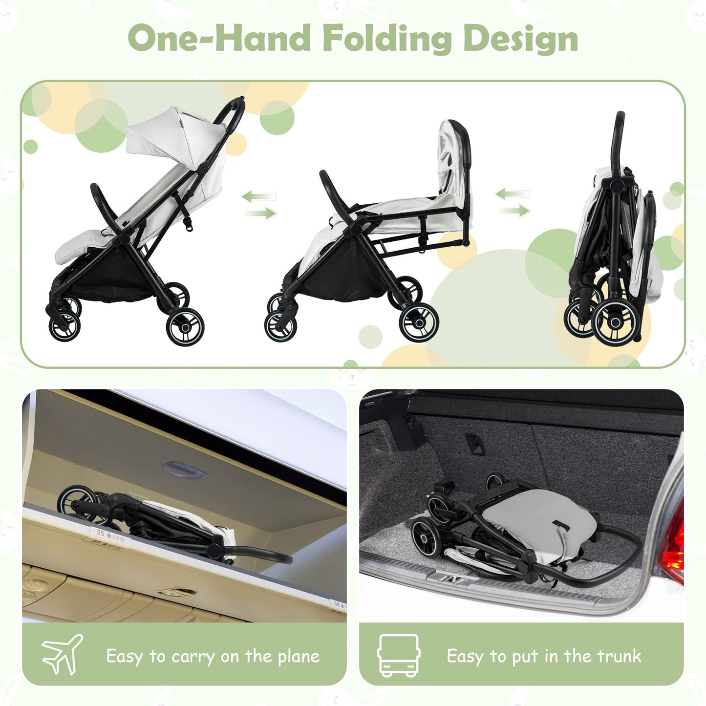 INFANS Lightweight Baby Stroller, One-Hand Gravity Fold, Compact Travel Stroller for Airplane with Aluminium Frame, Adjustable Backrest and Canopy, Foldable Infant Toddler Stroller for 0-36 Month