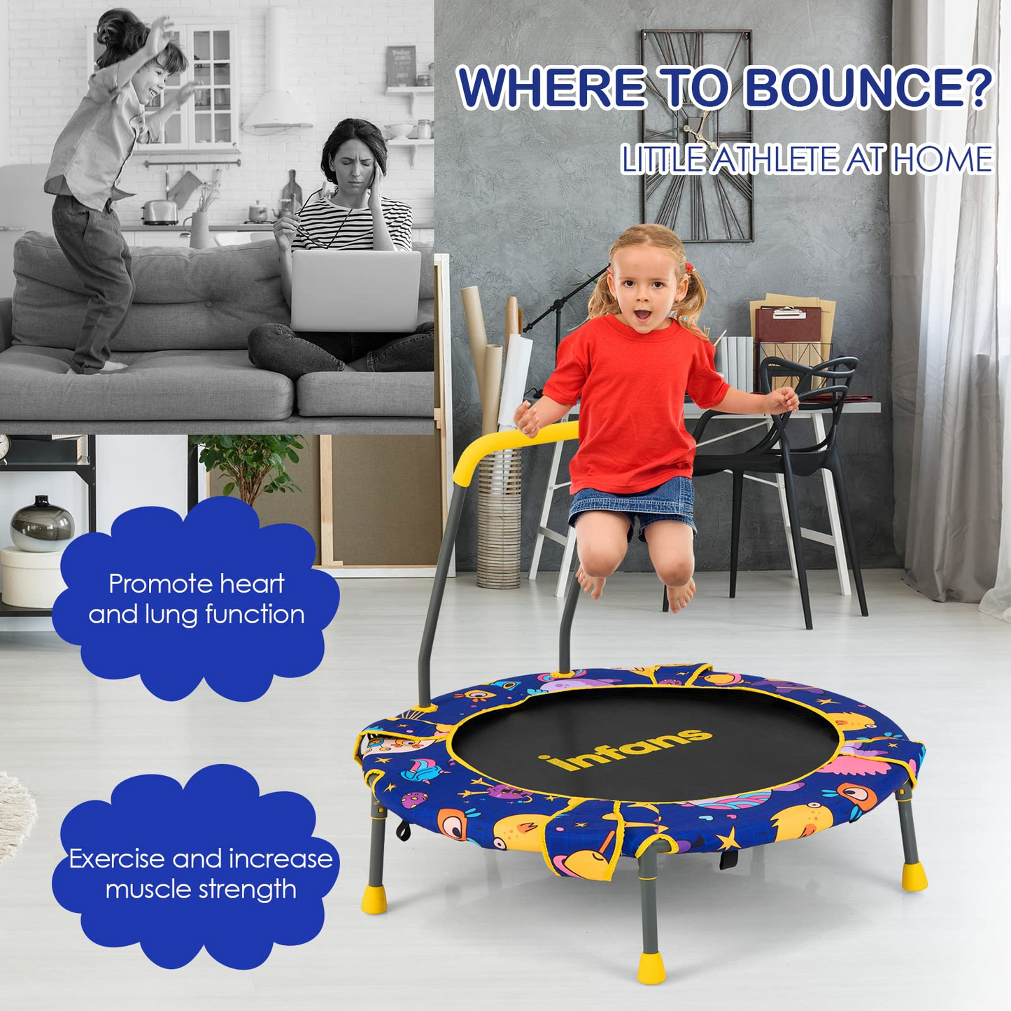 2 in 1 Trampoline and Swing Combo with Adjustable Straps Detachable Handrail OLAKIDS