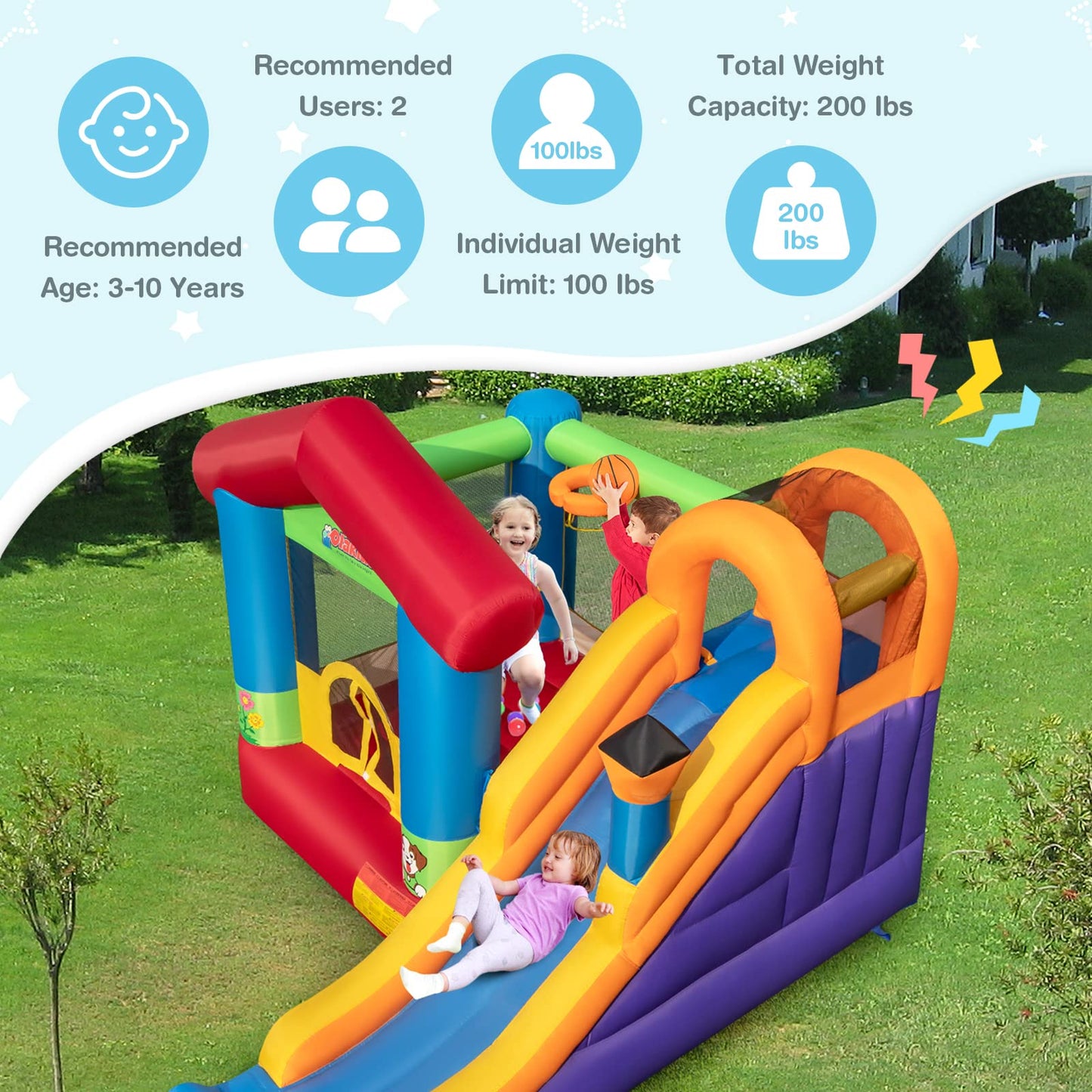 OLAKIDS Inflatable Bounce House, Kids Jumping Castle with Slide, Basketball Rim, Climbing Wall