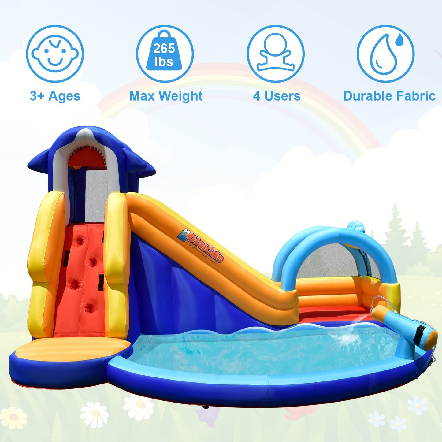 OLAKIDS Inflatable Water Slides, Shark Theme 14FT x 10FT x 8.5FT Bouncy House with Slide, Splash Pool, Climbing Wall, Water Gun OLAKIDS