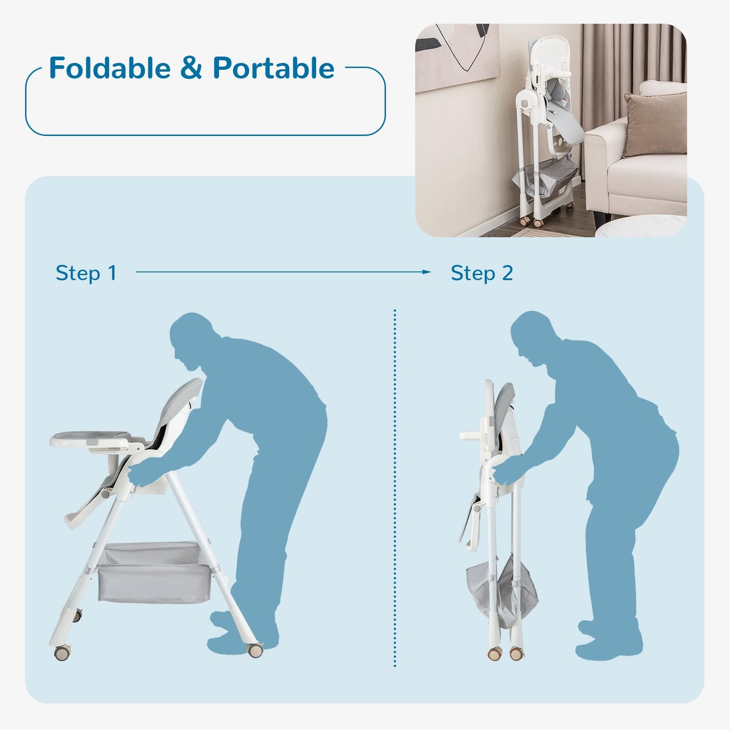 OLAKIDS Baby High Chair, Quick Folding Portable Highchair for Toddlers with Large Storage Basket