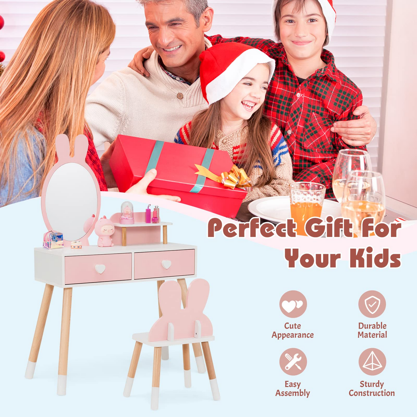 OLAKIDS Kids Vanity Set, 2 in 1 Wooden Princess Makeup Table and Chair with Mirror OLAKIDS
