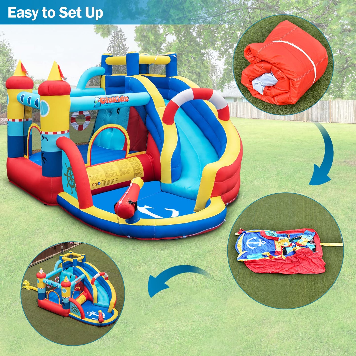 Inflatable Water Slides, Nautical Themed Bouncy House with Slide, Splash Pool, Climbing Wall, Water Gun