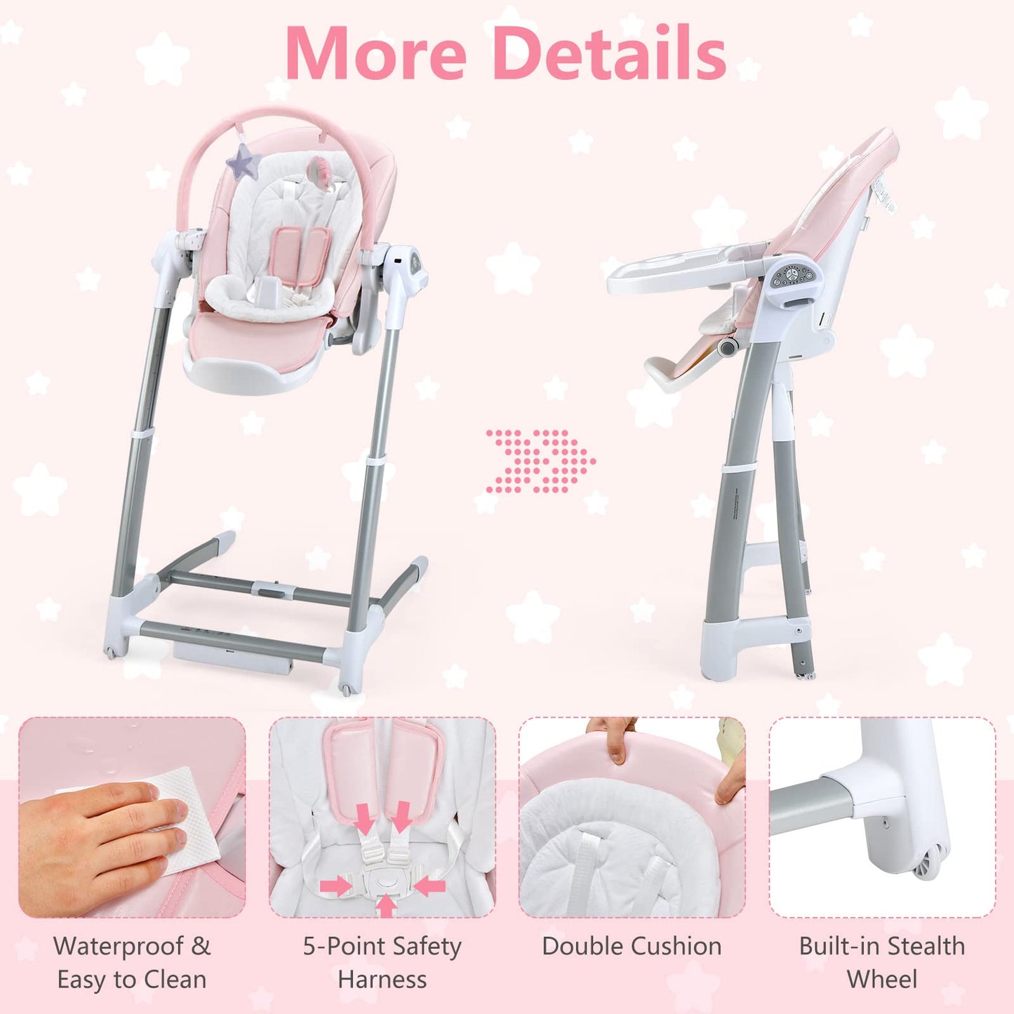 OLAKIDS 3 in 1 Baby High Chair, Electric Baby Swing, Infant Dining Booster Seat, Multifunction Highchair for Toddlers
