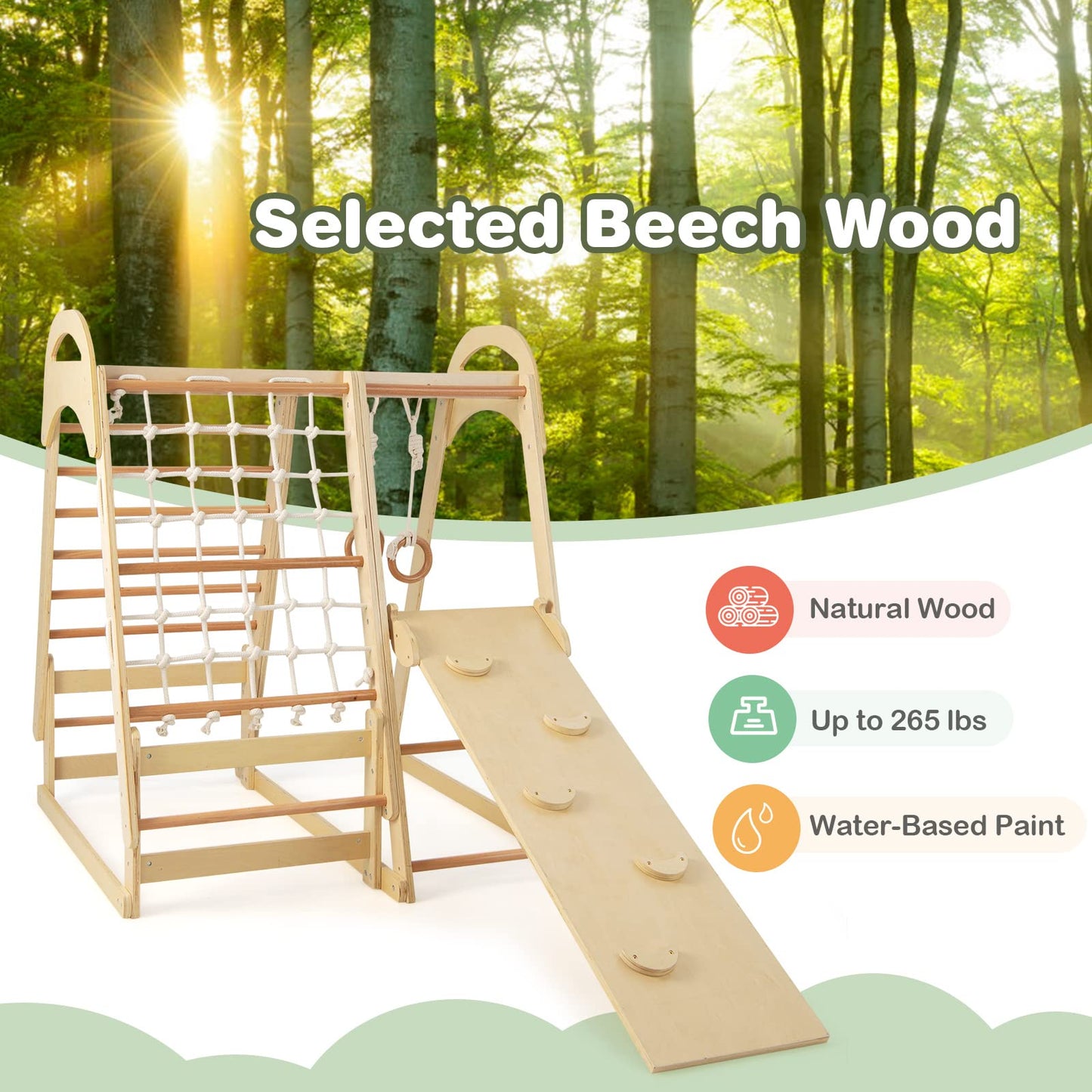 OLAKIDS 7 in 1 Kids Indoor Playground, Wooden Montessori Climber Playset with Tent Slide Climbing Rock Climbing Net