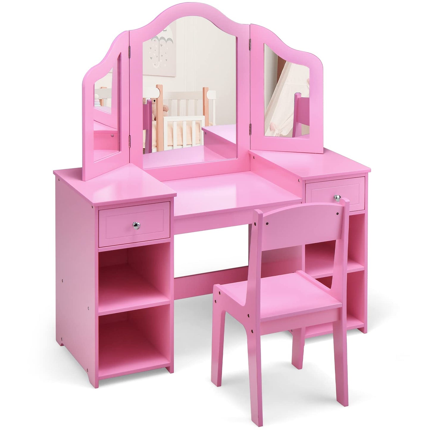 OLAKIDS Kids Vanity, 2 in 1 Princess Makeup Desk and Chair Set with Drawers Tri-Folding Detachable Mirror Large Storage Shelves