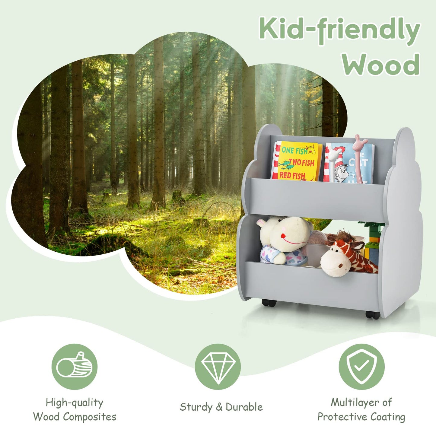 OLAKIDS Kids Bookshelf with Wheels, Wooden Bookcase Toy Storage Cabinet Organizer Holder