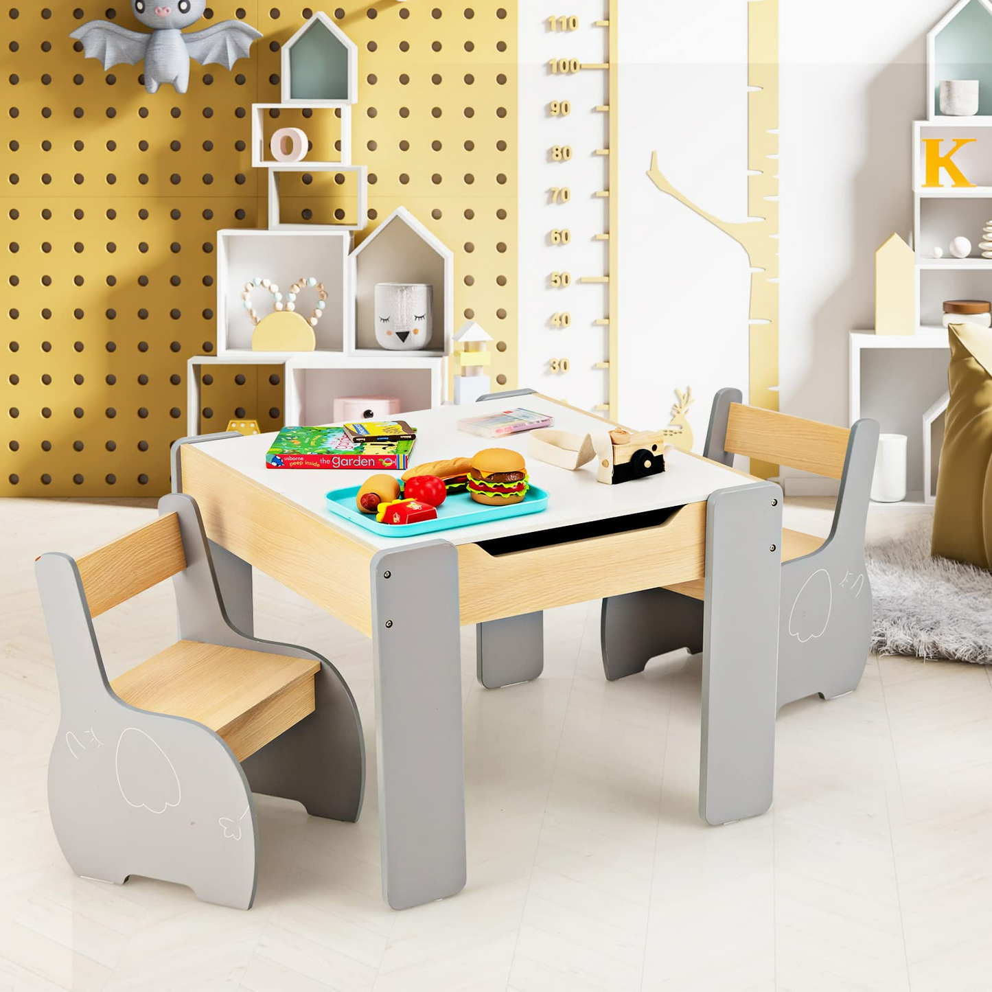 OLAKIDS 3 in 1 Kids Table and Chair Set, Wood Multi Activity Table with Removable Tabletop OLAKIDS