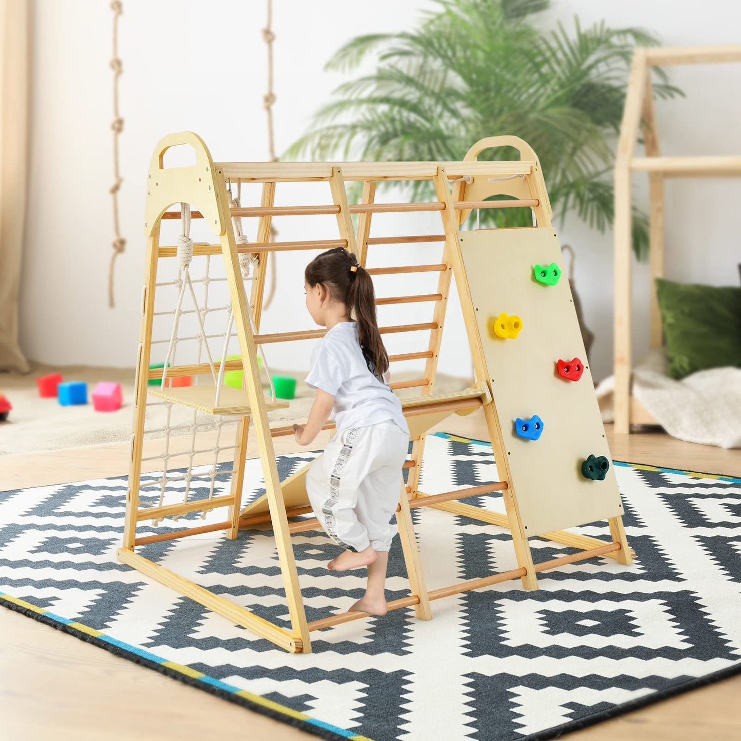 OLAKIDS 8 in 1 Climbing Toys for Toddlers, Kids Wood Montessori Climber Playset, Indoor Playground Jungle Gym