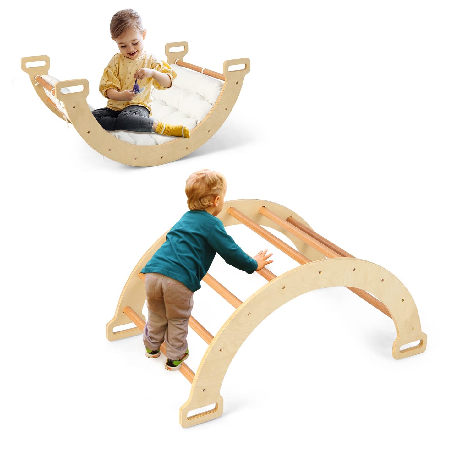 OLAKIDS 4 in 1 Arch Climbing Toys for Toddlers, Montessori Wooden Arch Climber Ladder Structure and Rocker with Cushion Pad