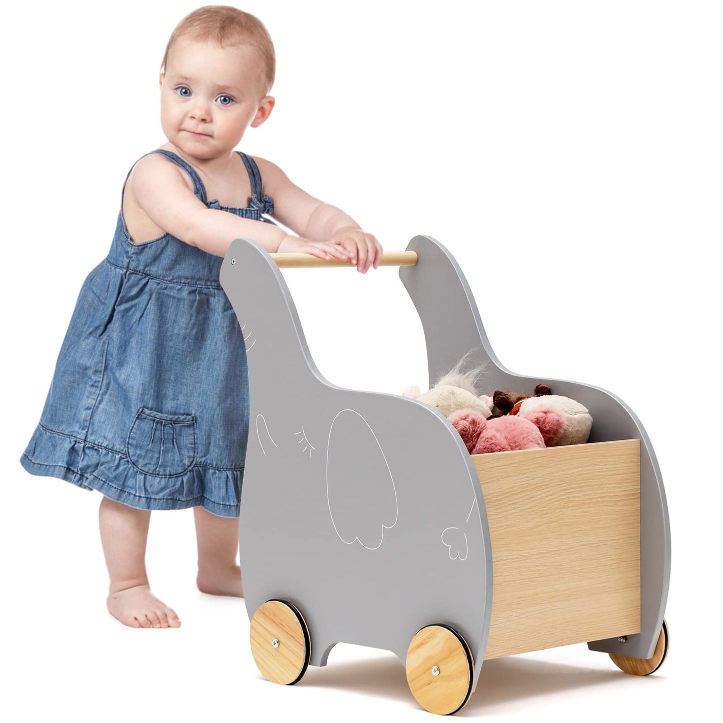 OLAKIDS 2 in 1 Baby Learning Walker with Wheels, Children Wooden Wagon Push and Pull Toy for Toddlers Age 1 2 3 Years Old OLAKIDS