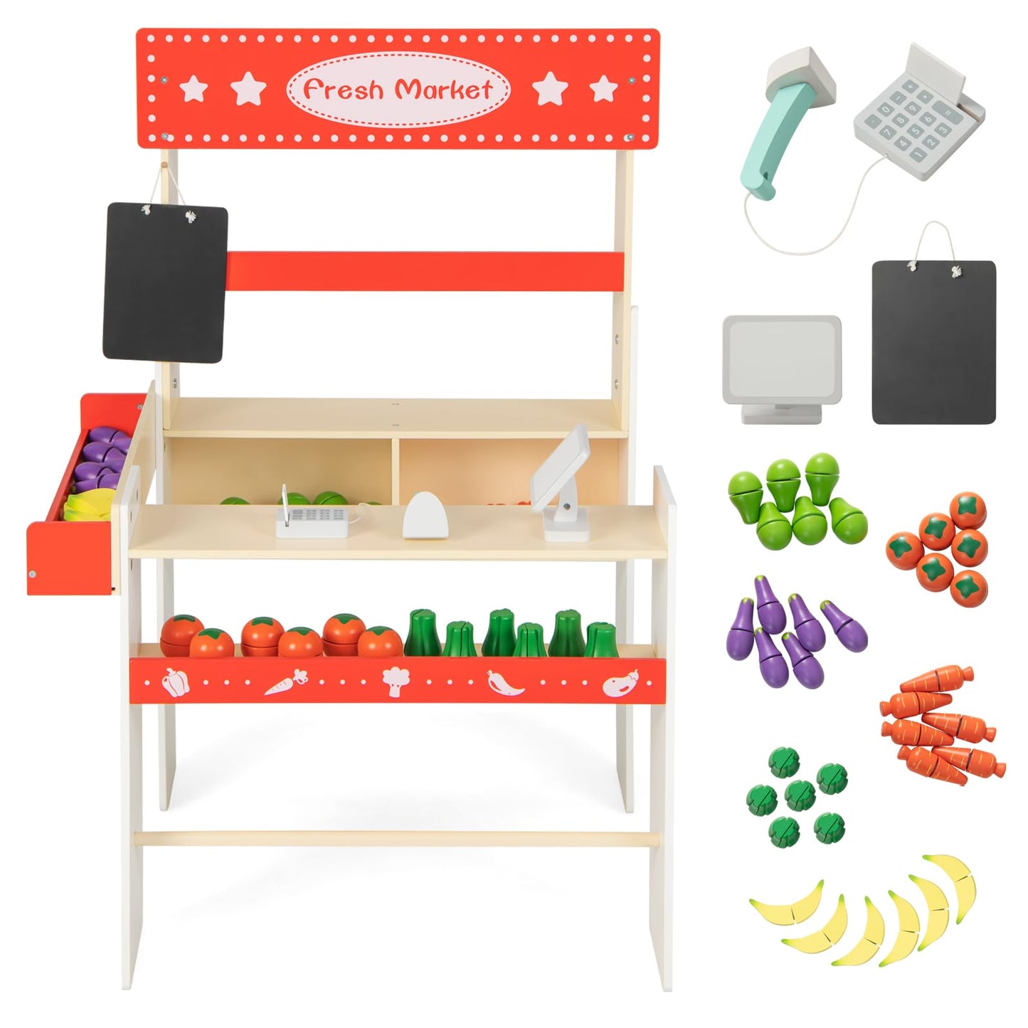 OLAKIDS Grocery Store Marketplace Toy, Kids Wooden Market Stand Pretend Play Set