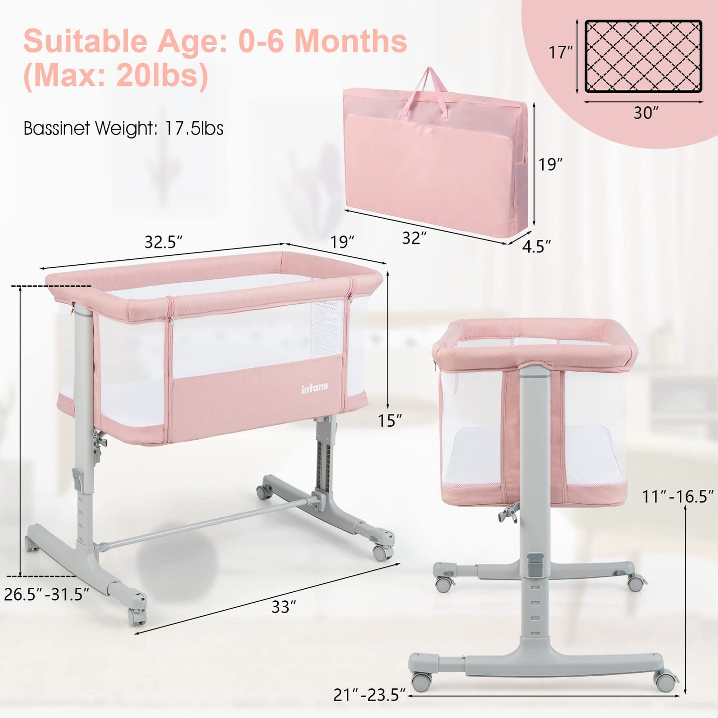 INFANS 3 in 1 Baby Bassinets, Bedside Sleeper for Newborn, Folding Crib with Mattress, Travel Bag, Wheels, 4-Sided Mesh, Easy to Assemble Cradle Co Sleeper Stationary, Rock