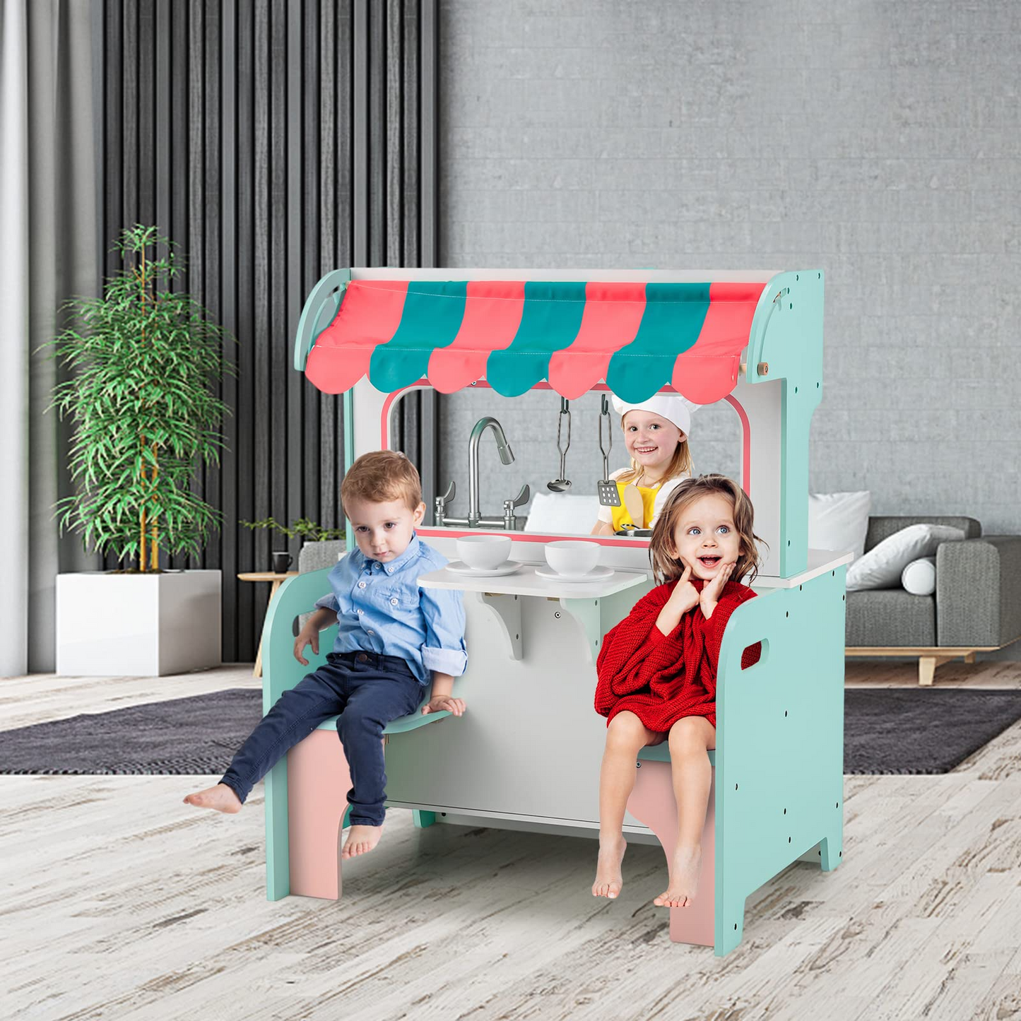 OLAKIDS 2 in 1 Kids Play Kitchen and Restaurant, Double Sided Toddler Wooden Pretend Cooking Set with Stove Sink Microwave Storage Cabinet OLAKIDS
