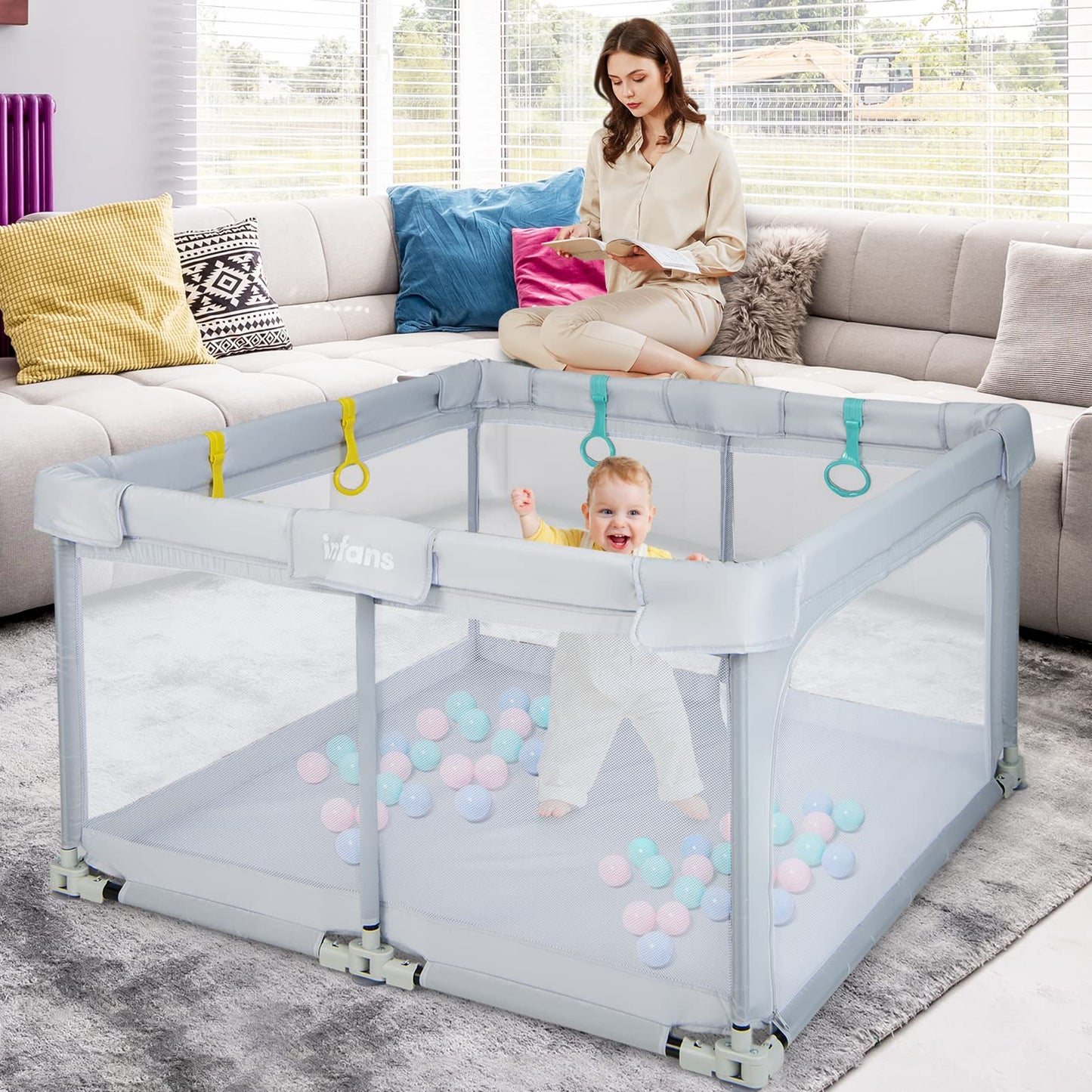 OLAKIDS Baby Playpen, 50’’x50’â€?Foldable Large Baby Playard, Indoor Outdoor Kids Activity Center Baby Fence