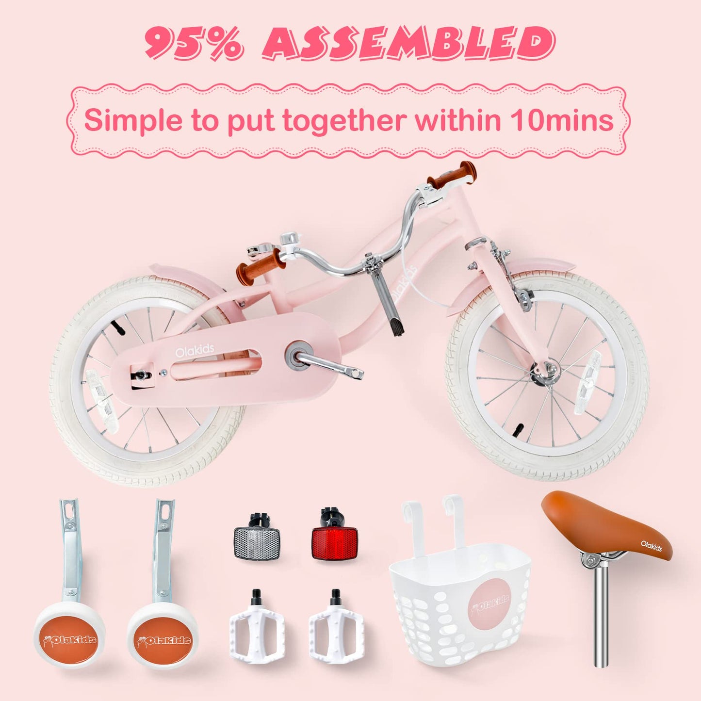 OLAKIDS Kids Bike for Girls, 12 14 16 Inch Children's Bicycle with Removable Basket and Training Wheels, Safety Bell