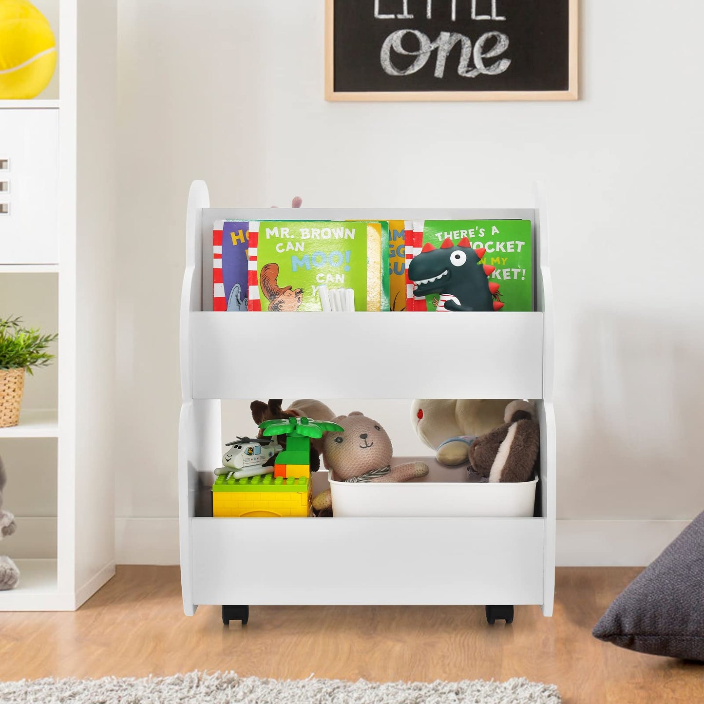 OLAKIDS Kids Bookshelf with Wheels, Wooden Bookcase Toy Storage Cabinet Organizer Holder