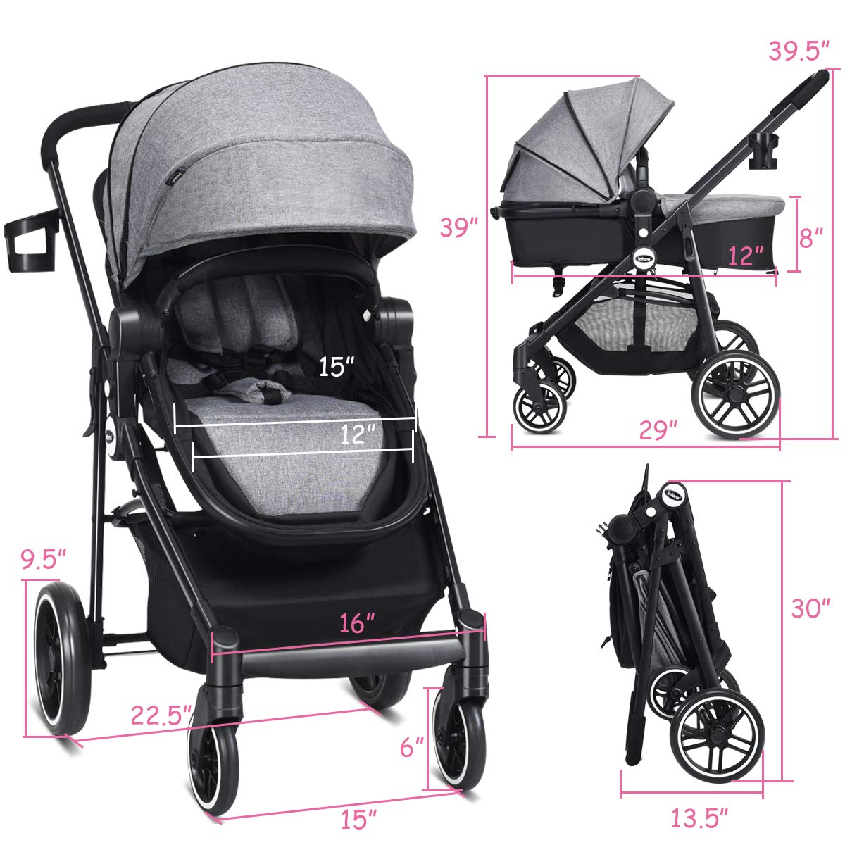 OLAKIDS 2 in 1 Baby Stroller, High Landscape Infant Stroller & Reversible Bassinet Pram, Foldable Pushchair with Adjustable Canopy OLAKIDS