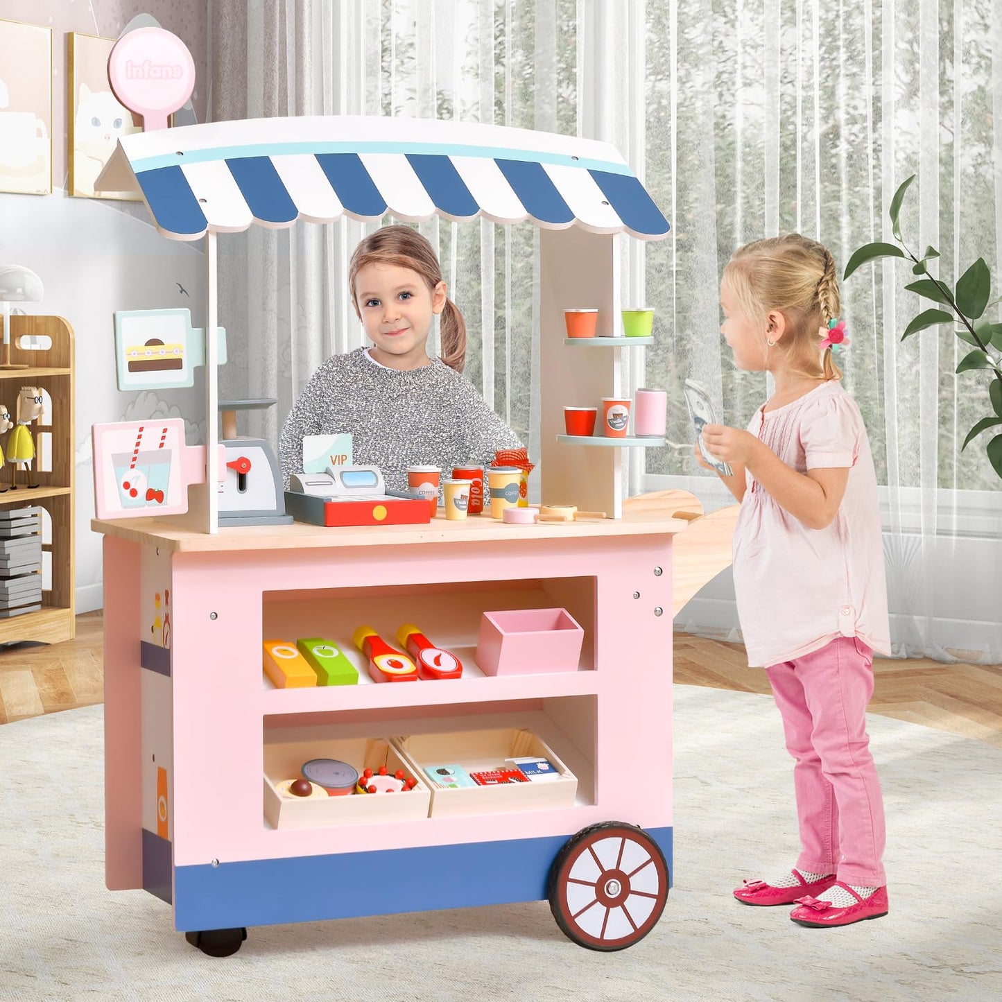 OLAKIDS Wooden Grocery Store Marketplace Toy, Market Stand Pretend Play Set, Shop Playset Gift for Ages 3+