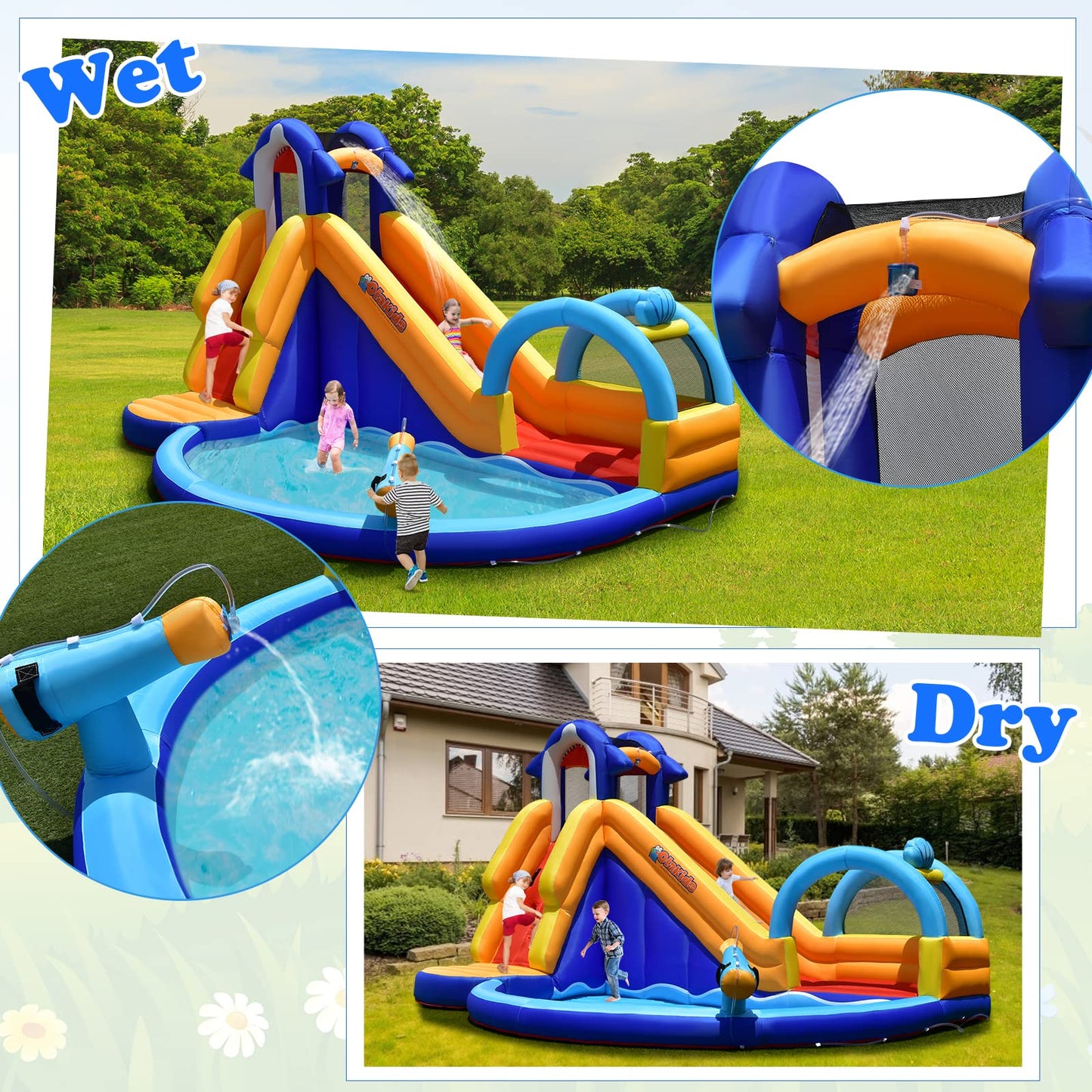 OLAKIDS Inflatable Water Slides, Shark Theme 14FT x 10FT x 8.5FT Bouncy House with Slide, Splash Pool, Climbing Wall, Water Gun OLAKIDS