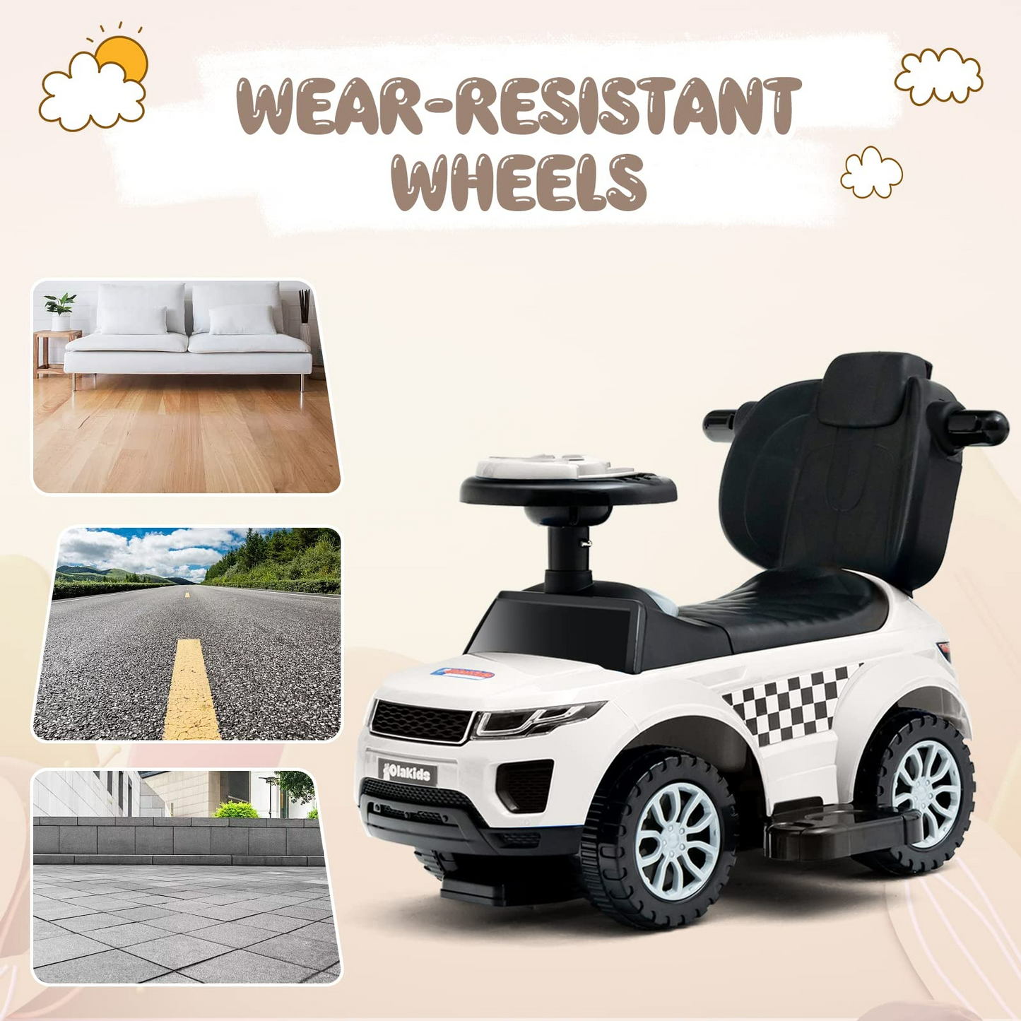 OLAKIDS 4 in 1 Ride on Push Car, Toddlers Stroller Sliding Walking Toy with Horn, Music, Lights, Removable Guardrails and Handle OLAKIDS