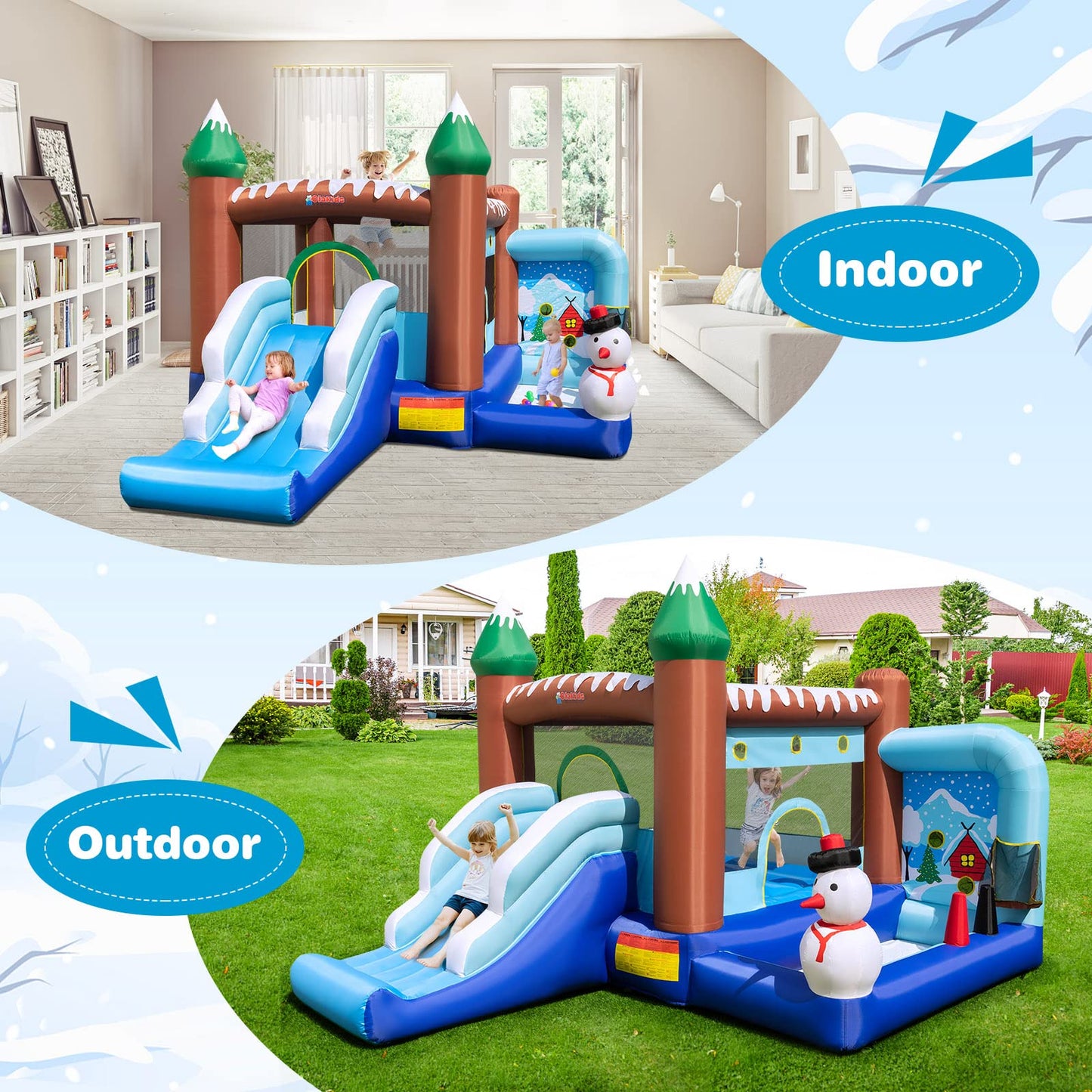 OLAKIDS Inflatable Bounce House, Snowman Theme Kids Jumping Castle, Indoor Outdoor Inflatable Obstacle Course