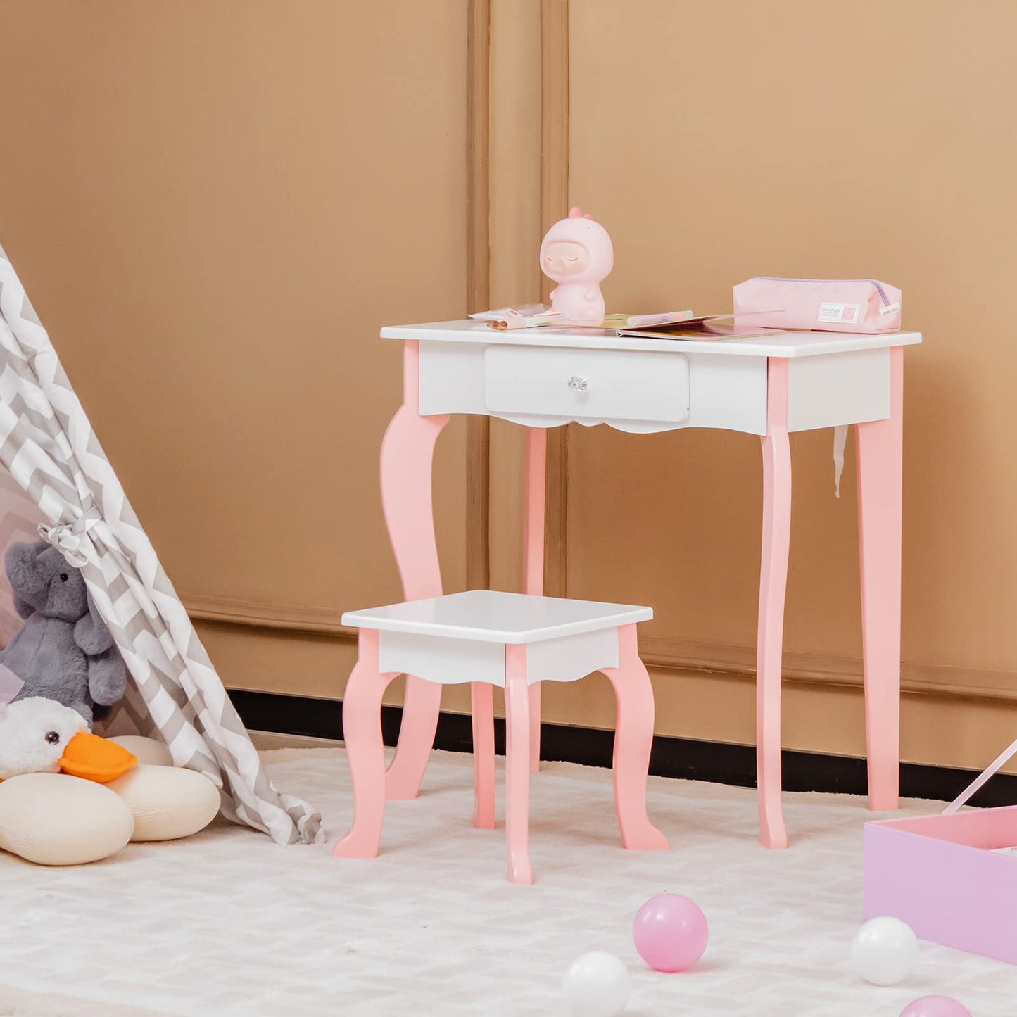 OLAKIDS Kids Vanity Set with Mirror, 2 in 1 Wooden Princess Makeup Dressing Table with Stool and Drawers,Detachable Top OLAKIDS