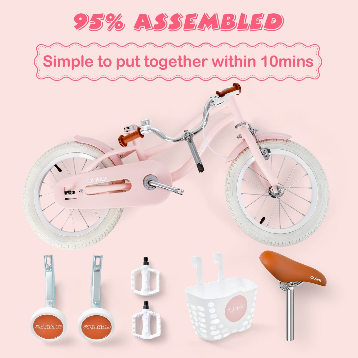 OLAKIDS Kids Bike for Girls, 12 14 16 Inch Children's Bicycle with Removable Basket and Training Wheels, Safety Bell