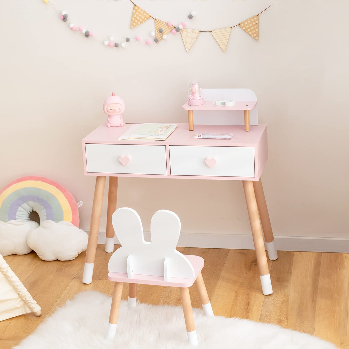 OLAKIDS Kids Vanity Set, 2 in 1 Wooden Princess Makeup Table and Chair with Mirror OLAKIDS