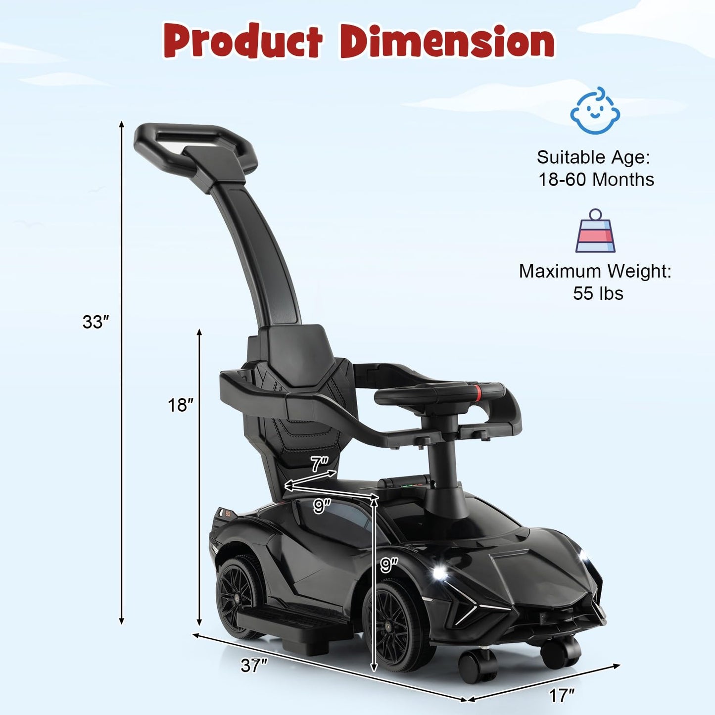 OLAKIDS 3 in 1 Ride on Push Car, Licensed Lamborghini Baby Stroller Sliding Walking Car