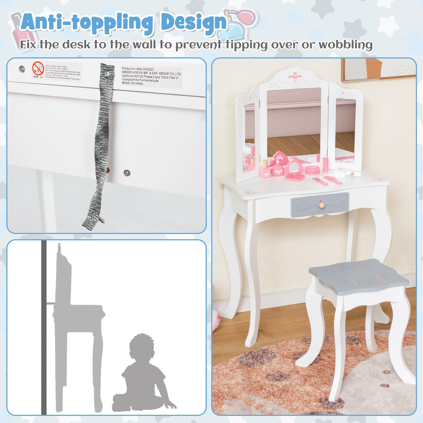 OLAKIDS Kids Vanity, 2 in 1 Princess Makeup Desk and Stool Set with Tri-Folding Detachable Mirror Wooden Dressing Table