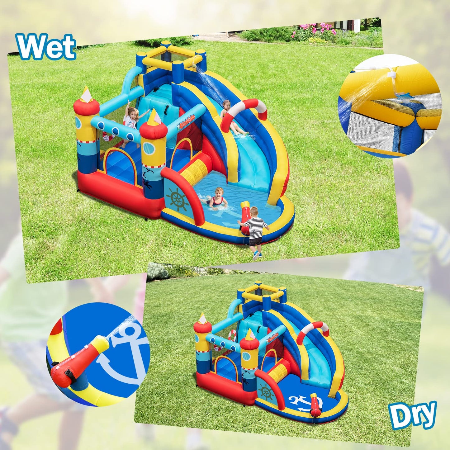 Inflatable Water Slides, Nautical Themed Bouncy House with Slide, Splash Pool, Climbing Wall, Water Gun