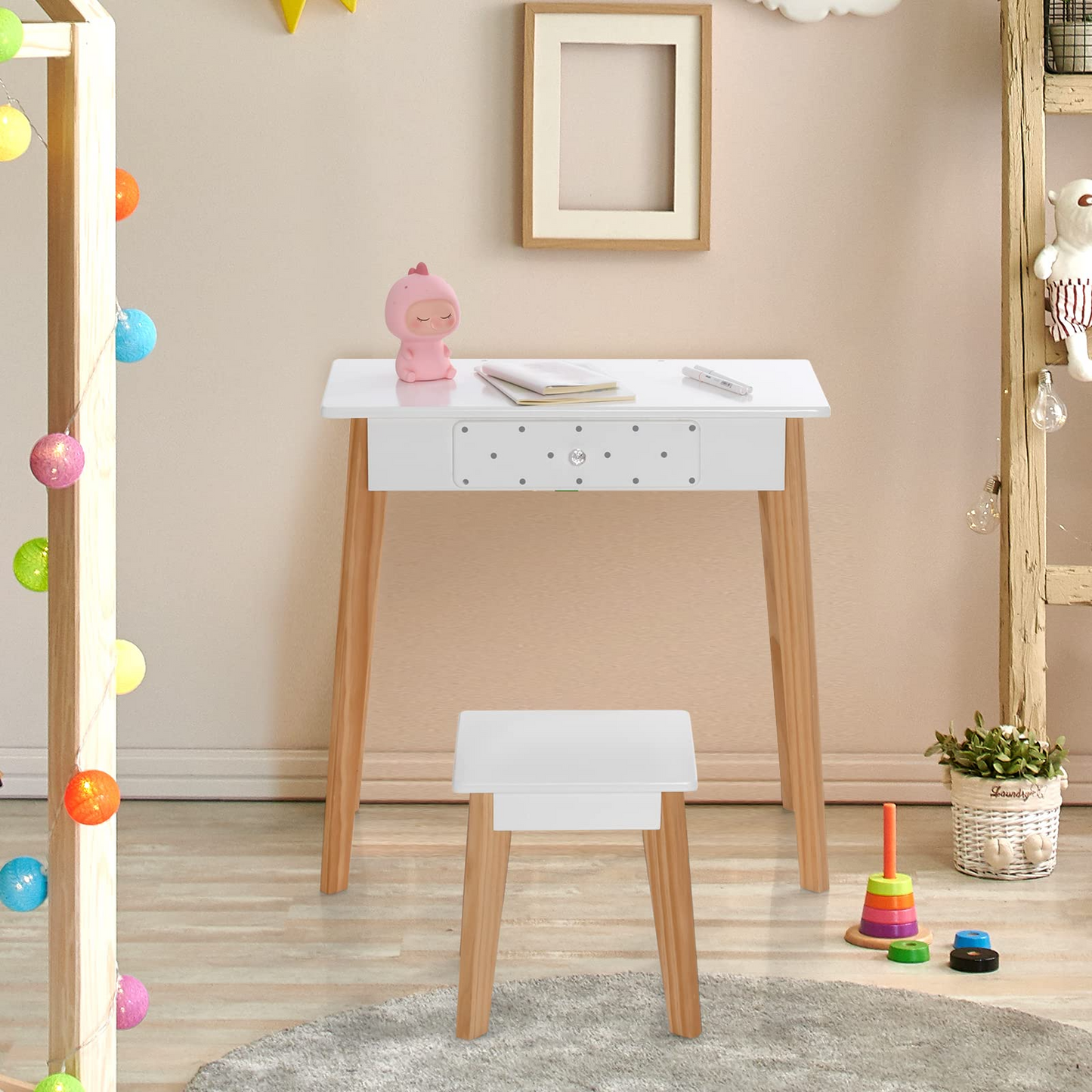 OLAKIDS Kids Vanity Table and Chair Set, Pretend Beauty Play Vanity Set with Tri-Folding Mirror Drawer Stool and Detachable Top, 2 in 1 Wooden Princess Makeup Dressing Table for Girls OLAKIDS