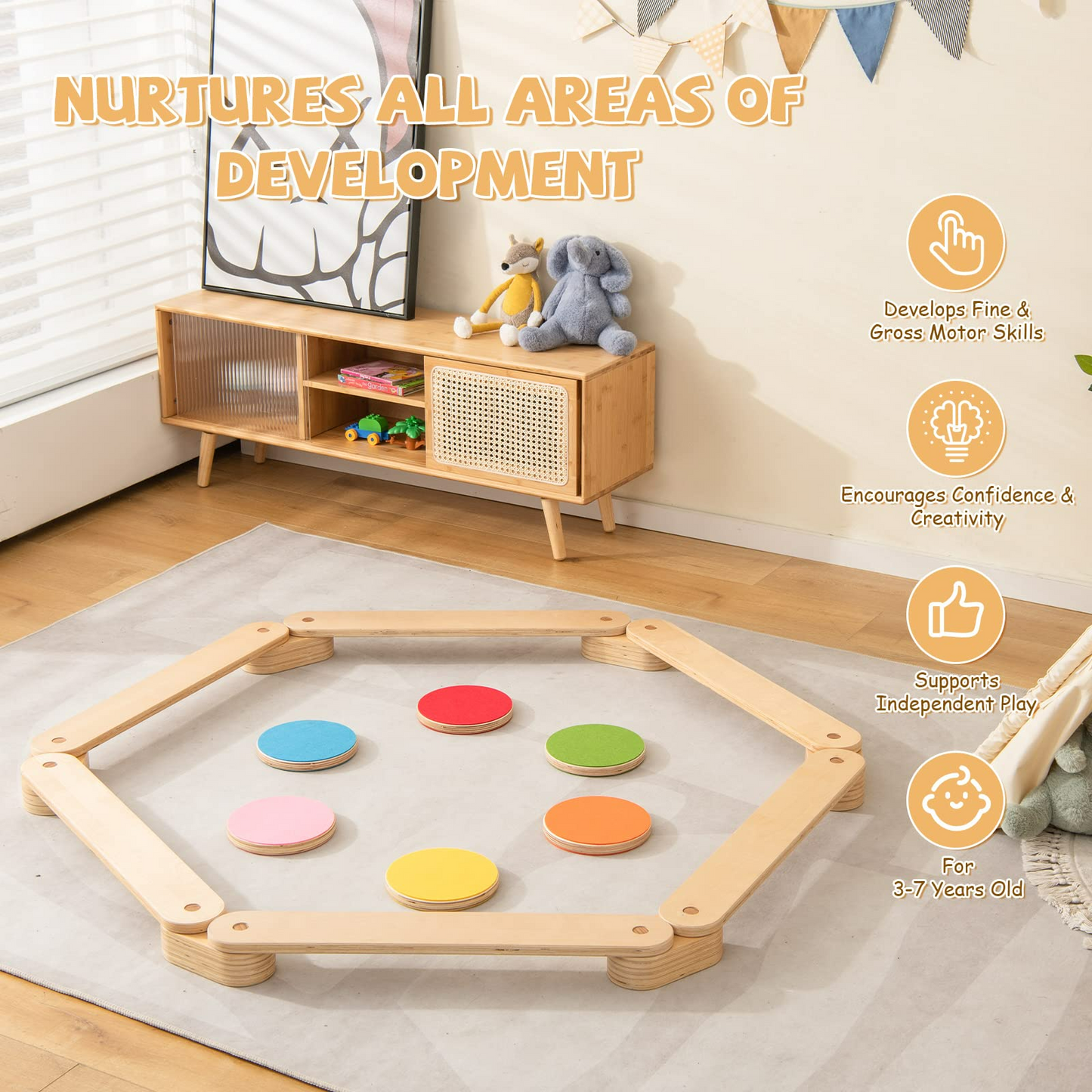 OLAKIDS Montessori Wooden Balance Beam Stepping Stones for Kids Toddler,12 Piece Obstacle Course for Playroom Indoor Outdoor OLAKIDS