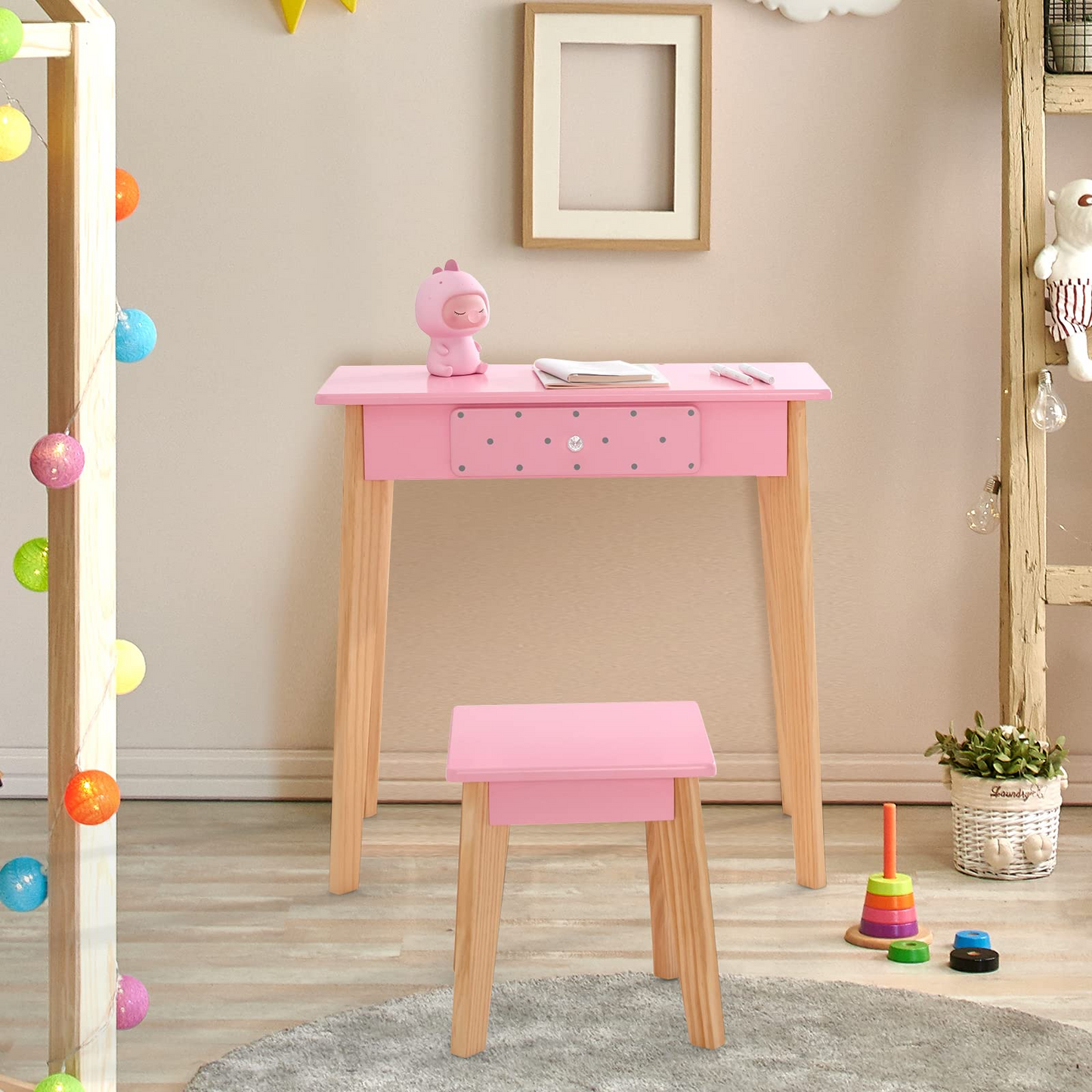 OLAKIDS Kids Vanity Table and Chair Set, Pretend Beauty Play Vanity Set with Tri-Folding Mirror Drawer Stool and Detachable Top, 2 in 1 Wooden Princess Makeup Dressing Table for Girls OLAKIDS