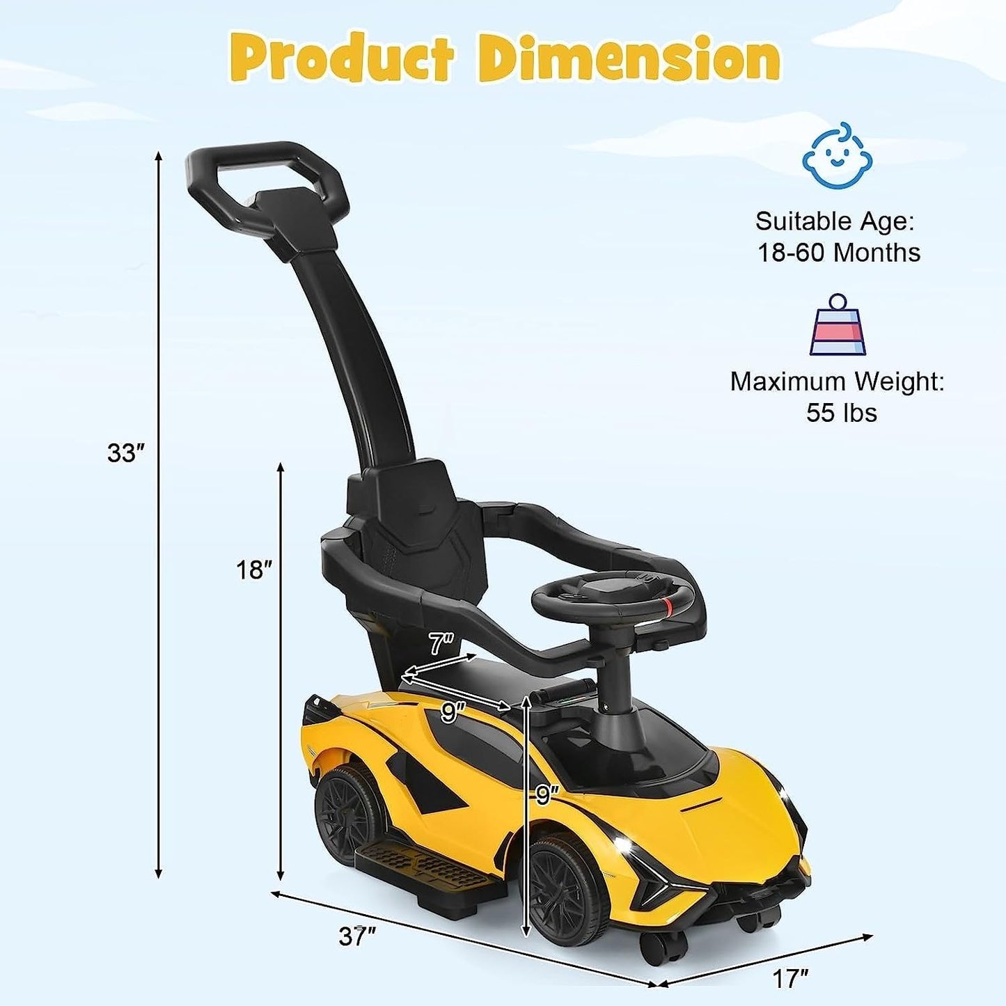 OLAKIDS 3 in 1 Ride on Push Car, Licensed Lamborghini Baby Stroller Sliding Walking Car