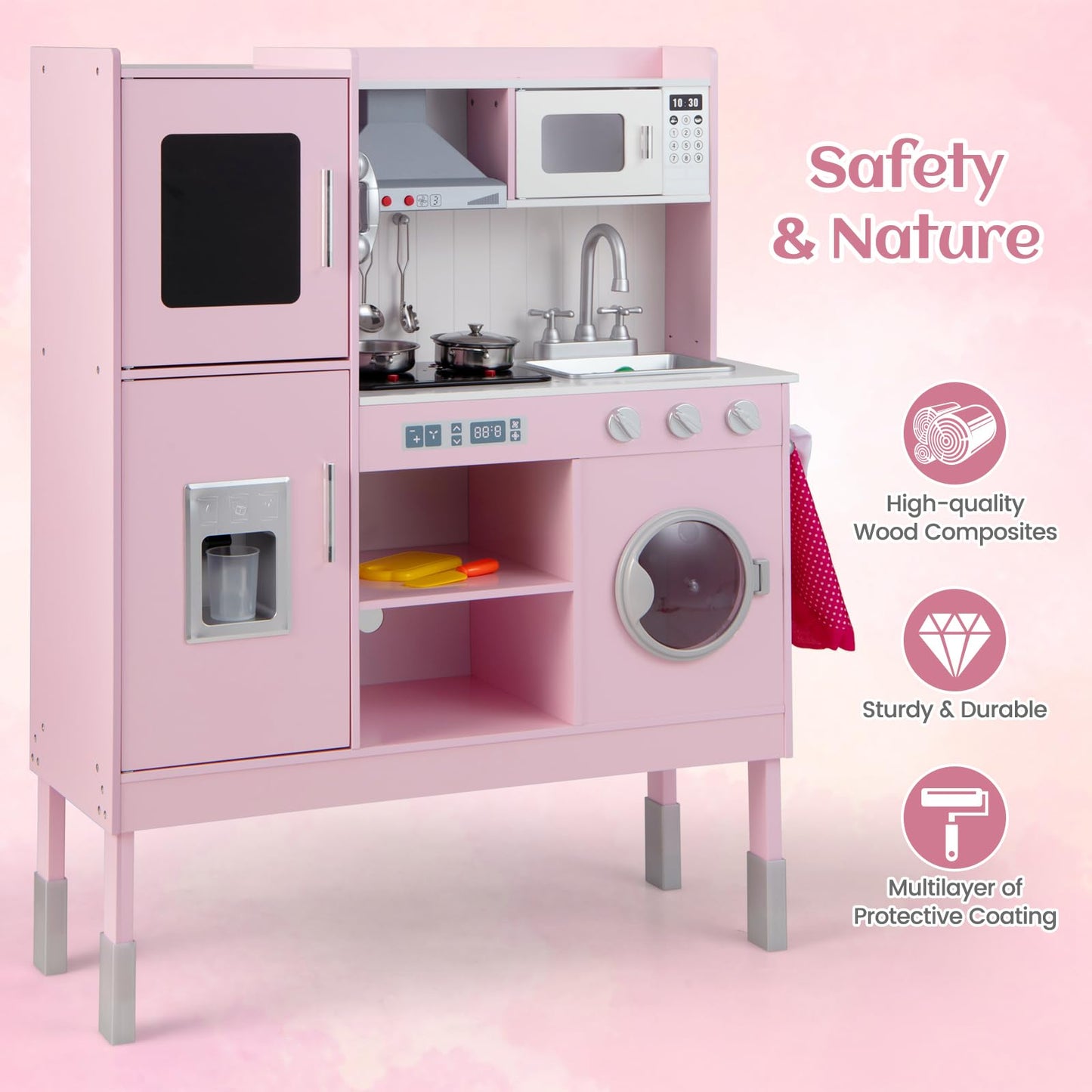 OLAKIDS Kids Kitchen Playset, Toddler Wooden Pretend Cooking Set with Realistic Light Sound