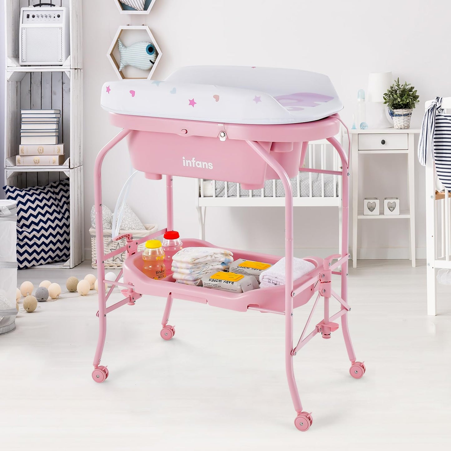 INFANS 2 in 1 Baby Changing Table with Bath Tub Unit, Folding Diaper Dresser Station with Wheels Waterproof Pad Storage Rack, Portable Nursery Organizer Stand for Newborn Infant