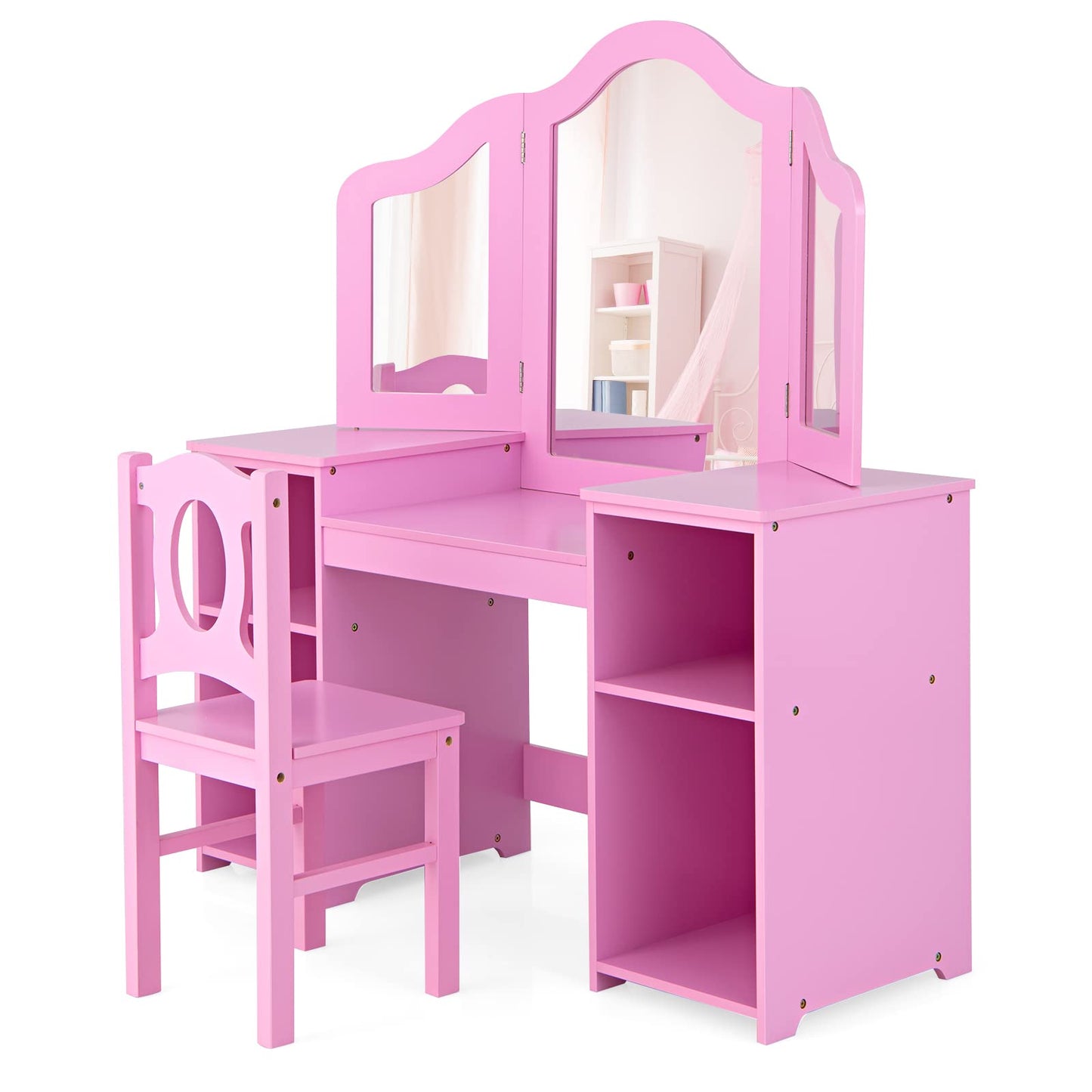 2 in 1 Princess Makeup Desk & Chair Set with Tri-Folding Detachable Mirror OLAKIDS