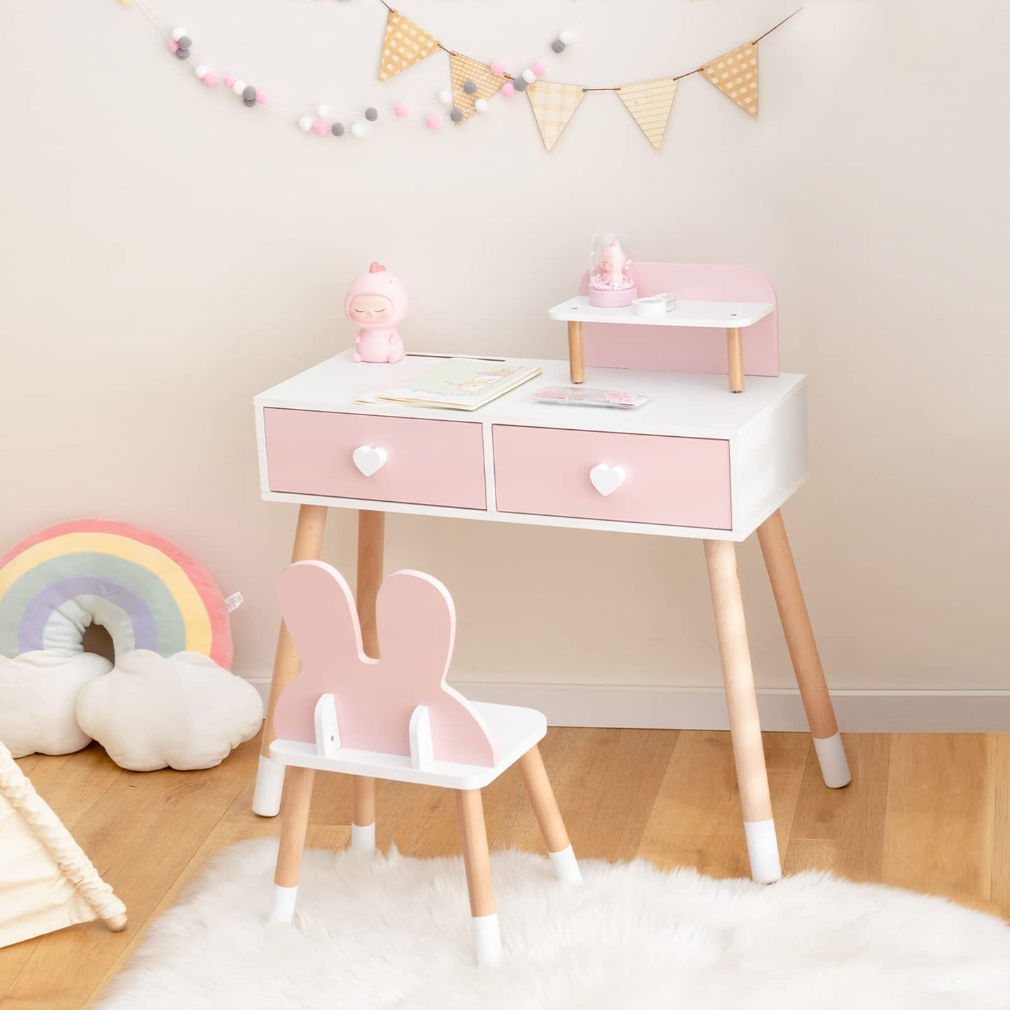 OLAKIDS Kids Vanity Set, 2 in 1 Wooden Princess Makeup Table and Chair with Mirror OLAKIDS