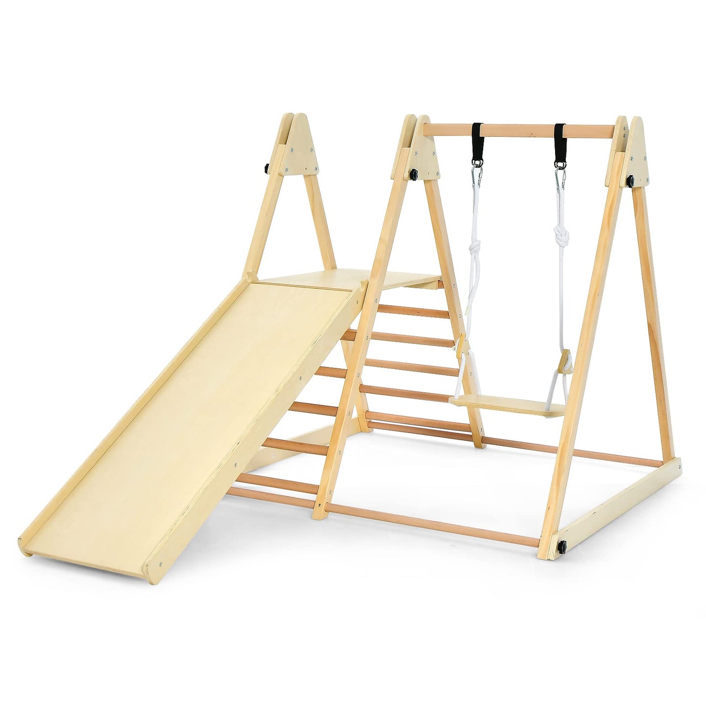OLAKIDS Toddlers Triangle Climbing Set, 4 in 1 Foldable Kids Wood Montessori Climber Ladder with Ramp, Slide and Swing, Indoor Outdoor Playground Jungle Play Gym Structure for Boys Girls