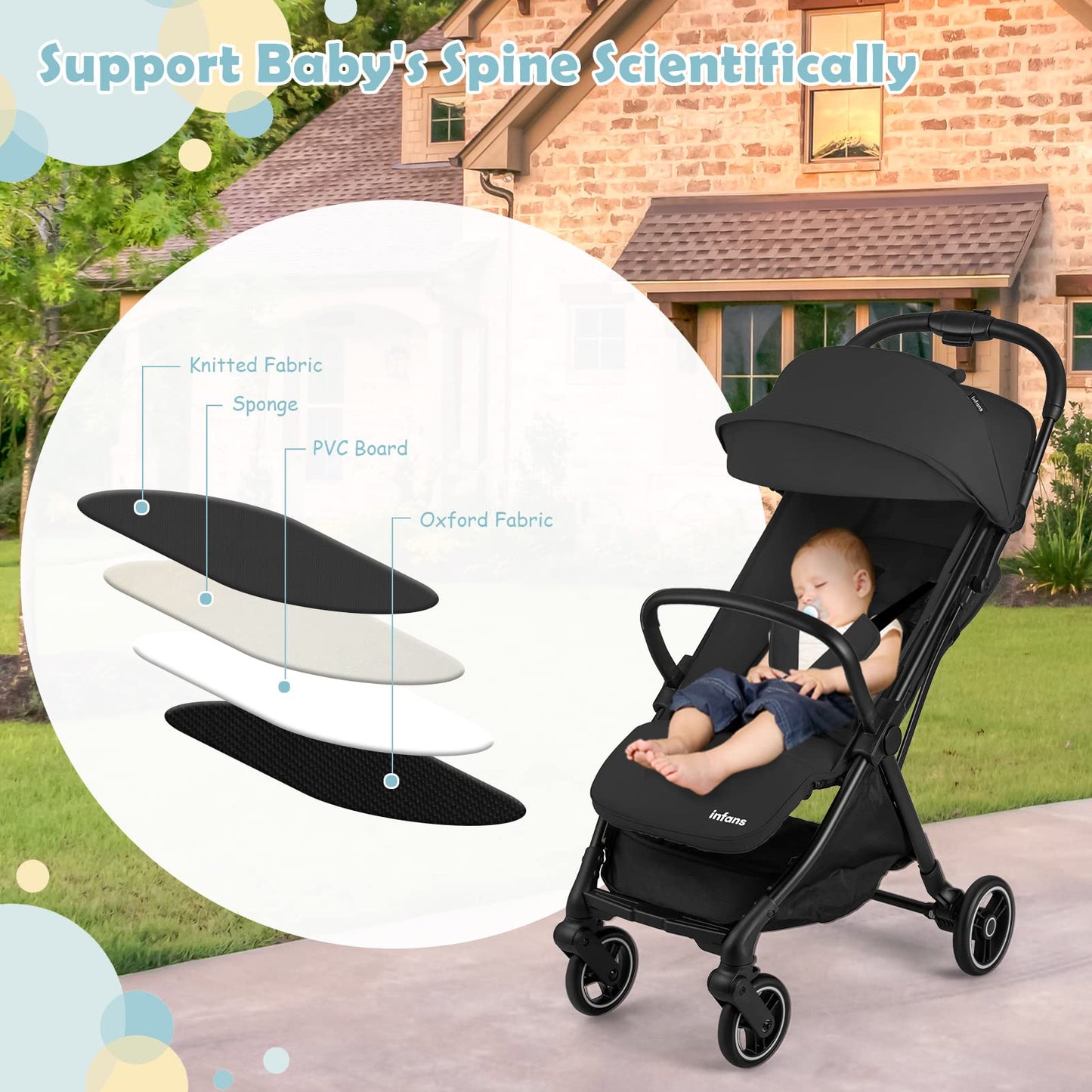 INFANS Lightweight Baby Stroller, One-Hand Gravity Fold, Compact Travel Stroller for Airplane with Aluminium Frame, Adjustable Backrest and Canopy, Foldable Infant Toddler Stroller for 0-36 Month