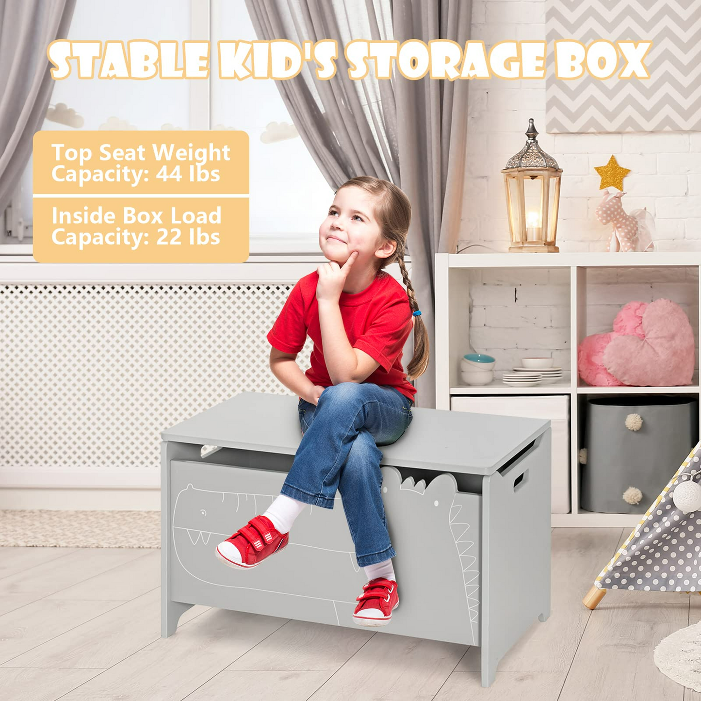 OLAKIDS Wooden Toy Chest , Wide Kids Toy Box Storage Space with Safety Hinge and Handles OLAKIDS