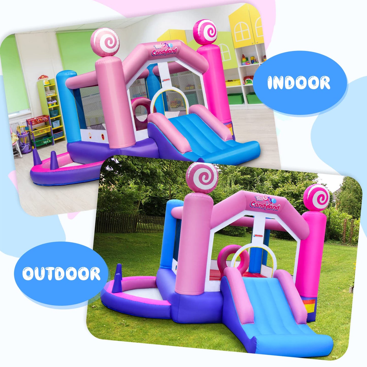 OLAKIDS Inflatable Bounce House, Kids Candyland Pink Jumping Castle with Slide Ball Pit Basketball Rim, Indoor Outdoor Inflatable Obstacle Course with 680W Blower 50PCS Ocean Balls Carry Bag
