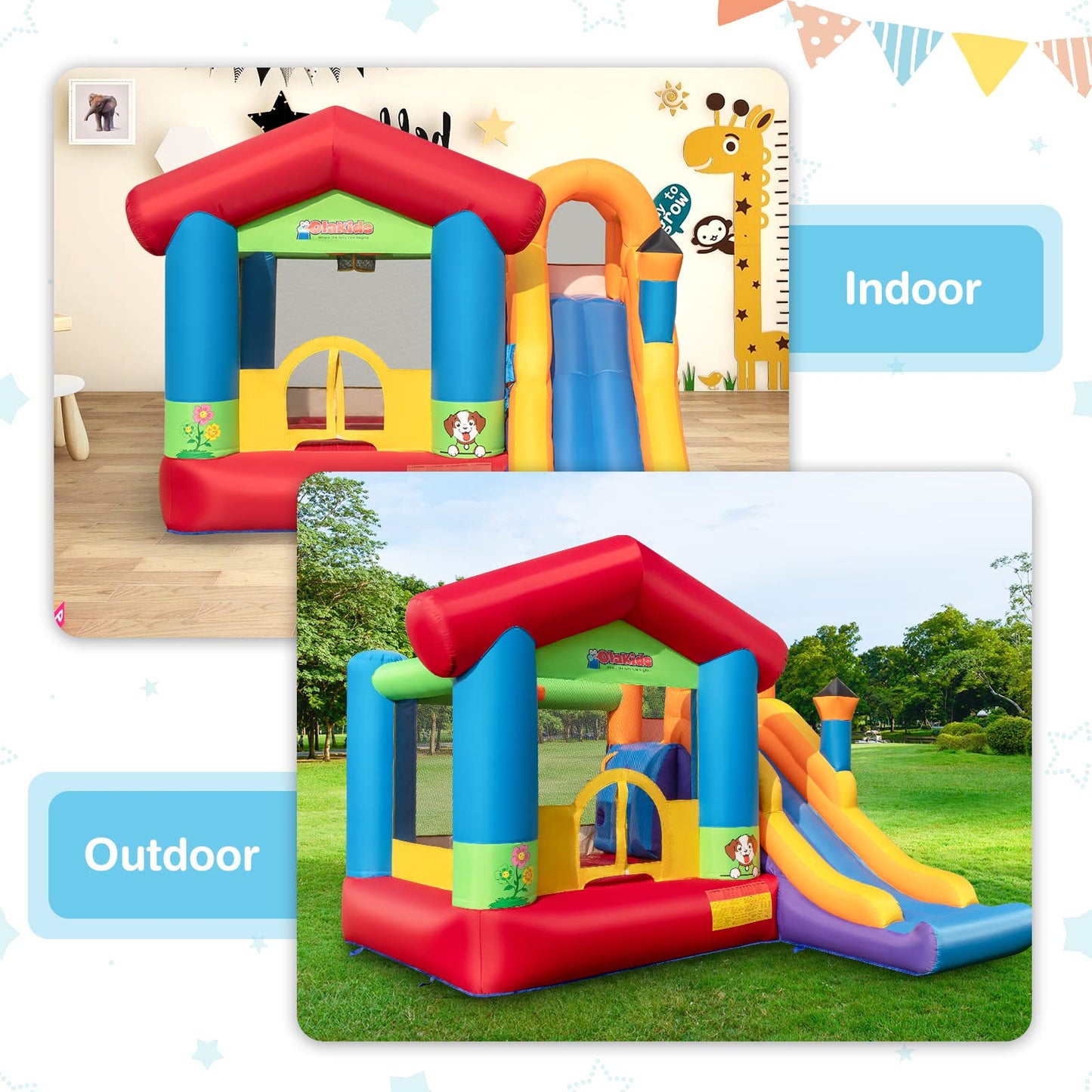 OLAKIDS Inflatable Bounce House, Kids Jumping Castle with Slide, Basketball Rim, Climbing Wall